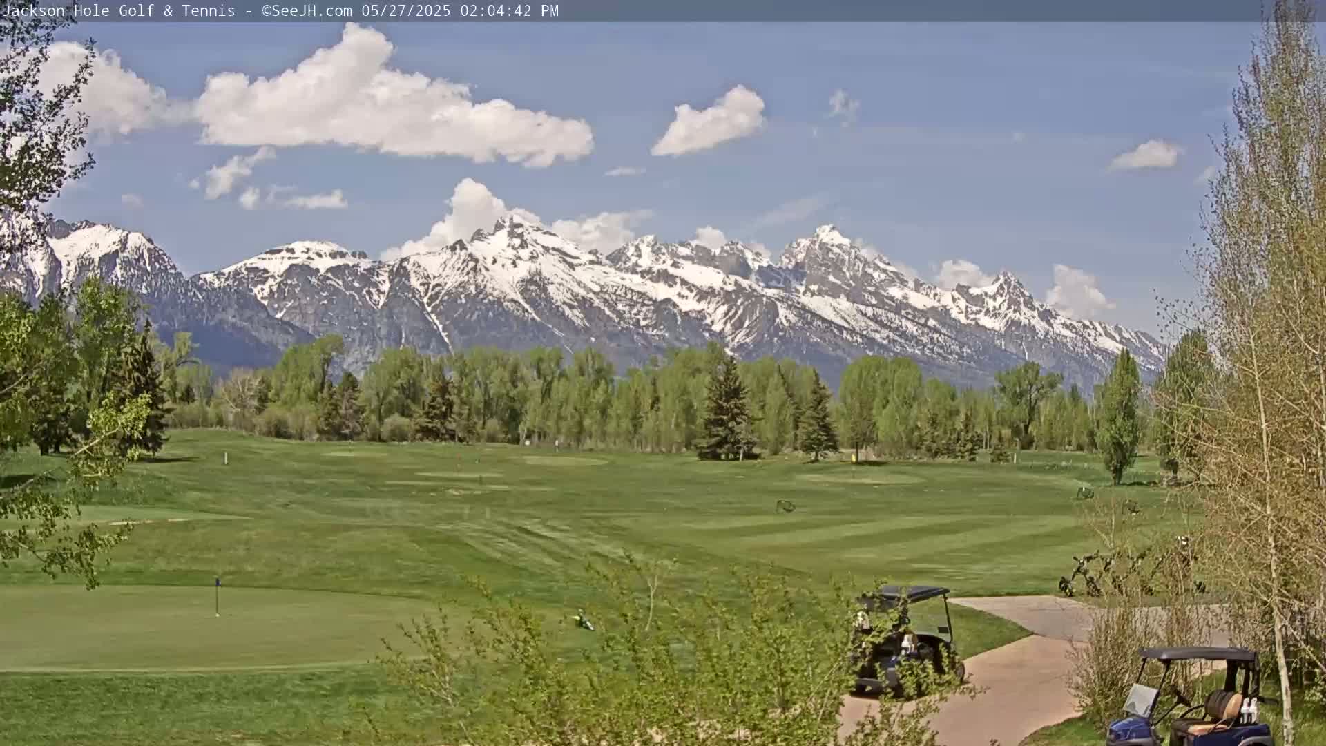 A partly cloudy day shows a golf course with golf carts near a road, with snow-capped mountains in the background and green trees in the foreground.