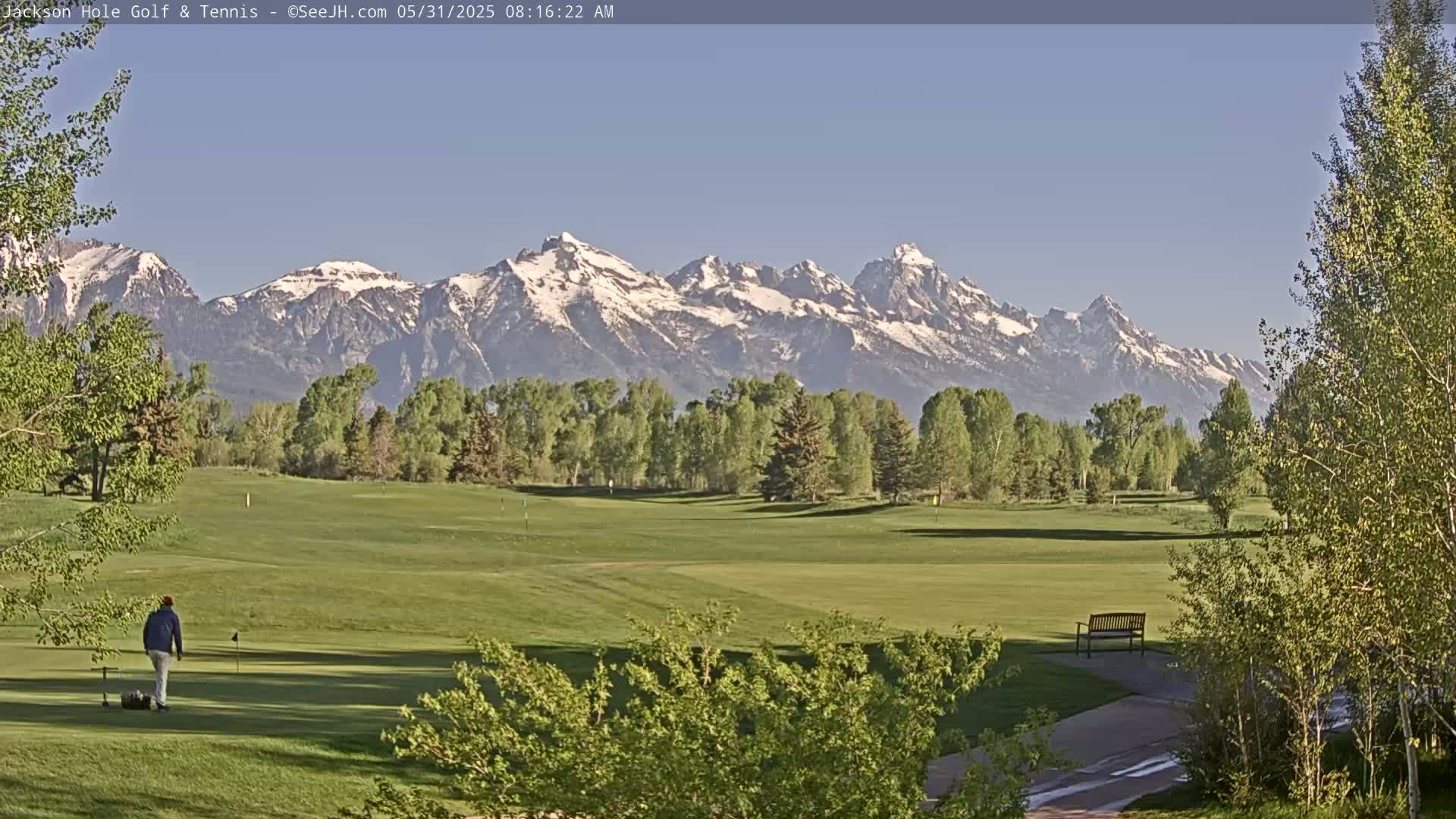 A golfer walks across a green golf course, with a snow-capped mountain range visible in the background under a clear blue sky.