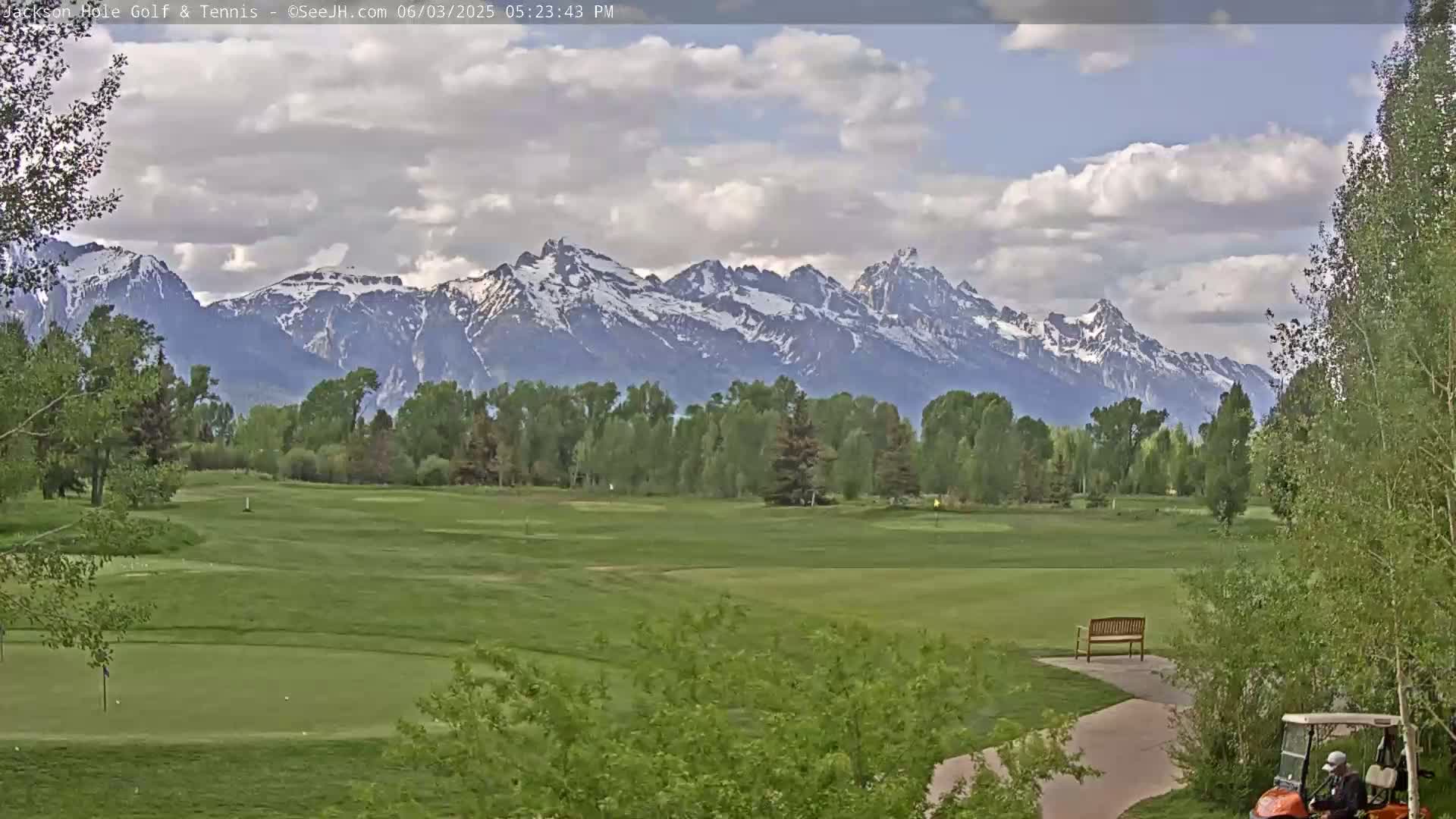A golf course with a bench and a golf cart is in the foreground, with lush green trees and a snow-capped mountain range in the background under a partly cloudy sky.
