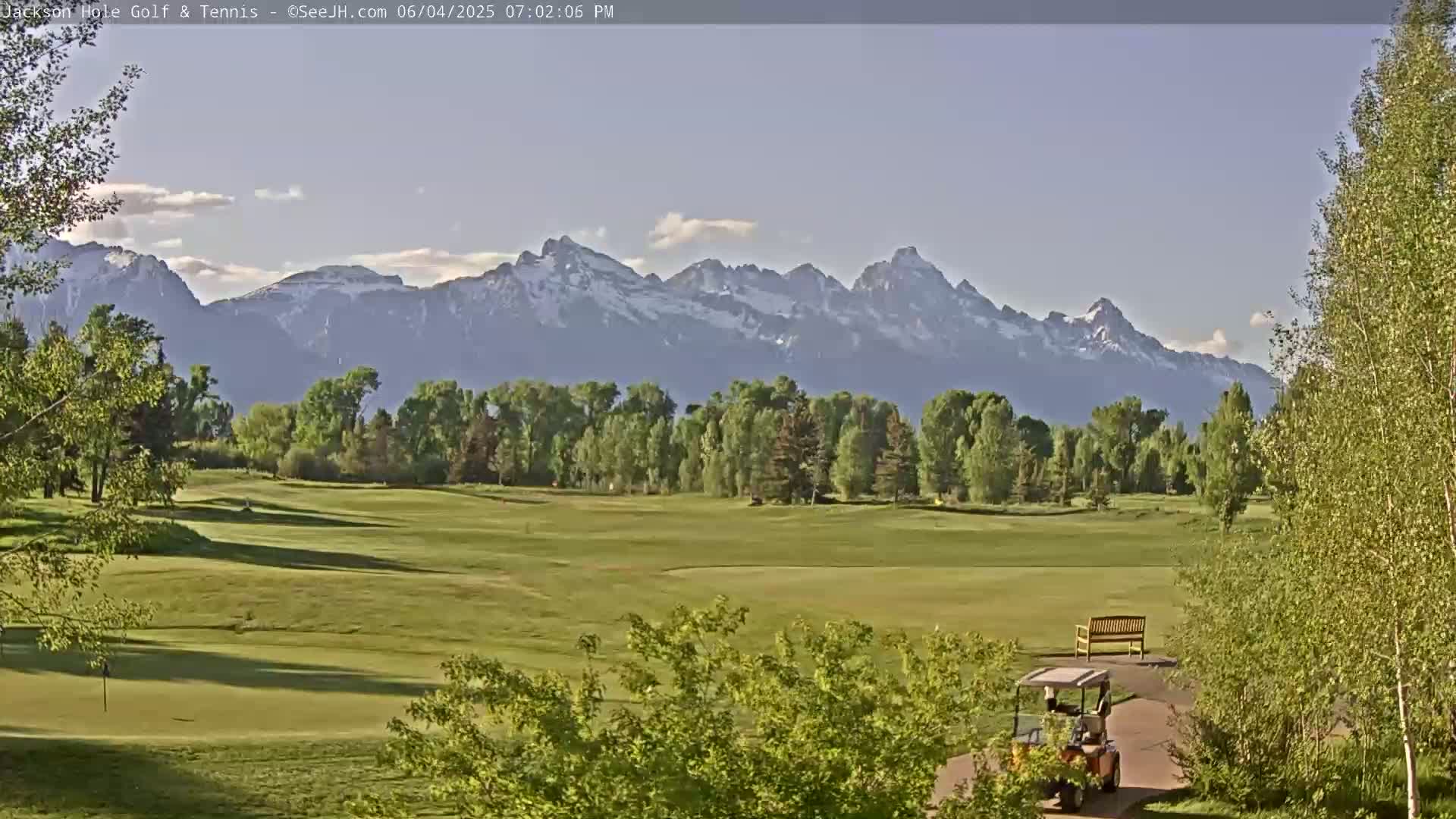 A golf course with a golf cart is seen in the foreground, with a line of trees separating it from snow-capped mountains under a mostly clear sky.