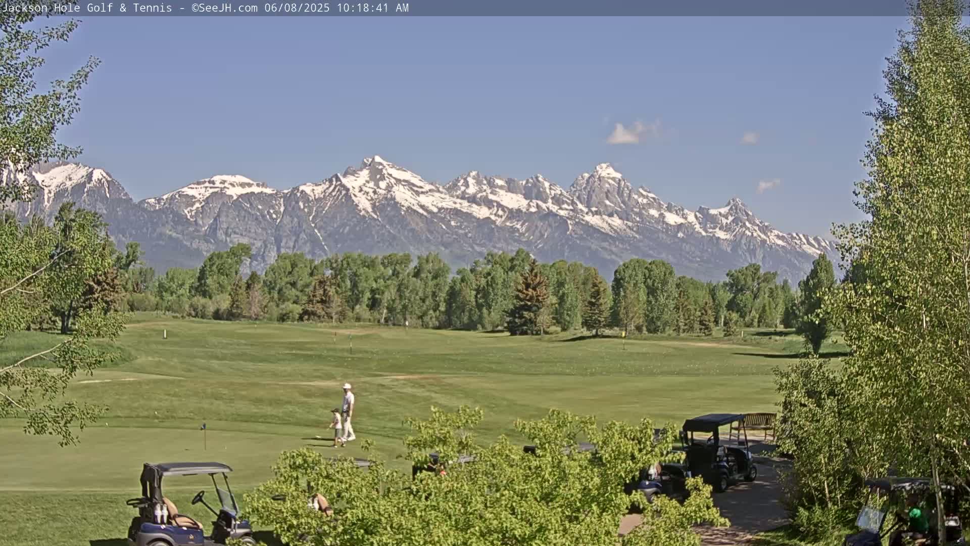 A golf course with several golf carts and people playing golf, set against a backdrop of snow-capped mountains under a mostly clear, sunny sky.
