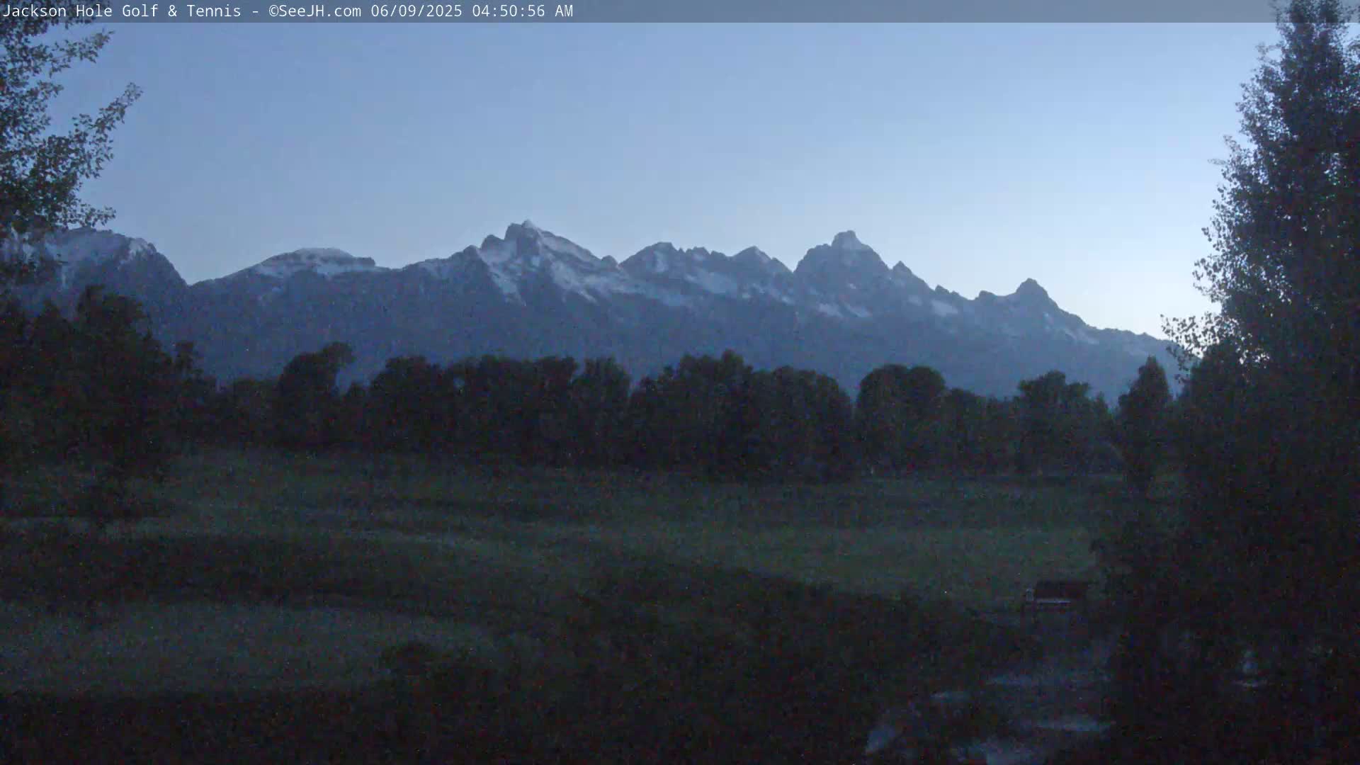 A snow-capped mountain range is visible at dawn, behind a dark field and trees.