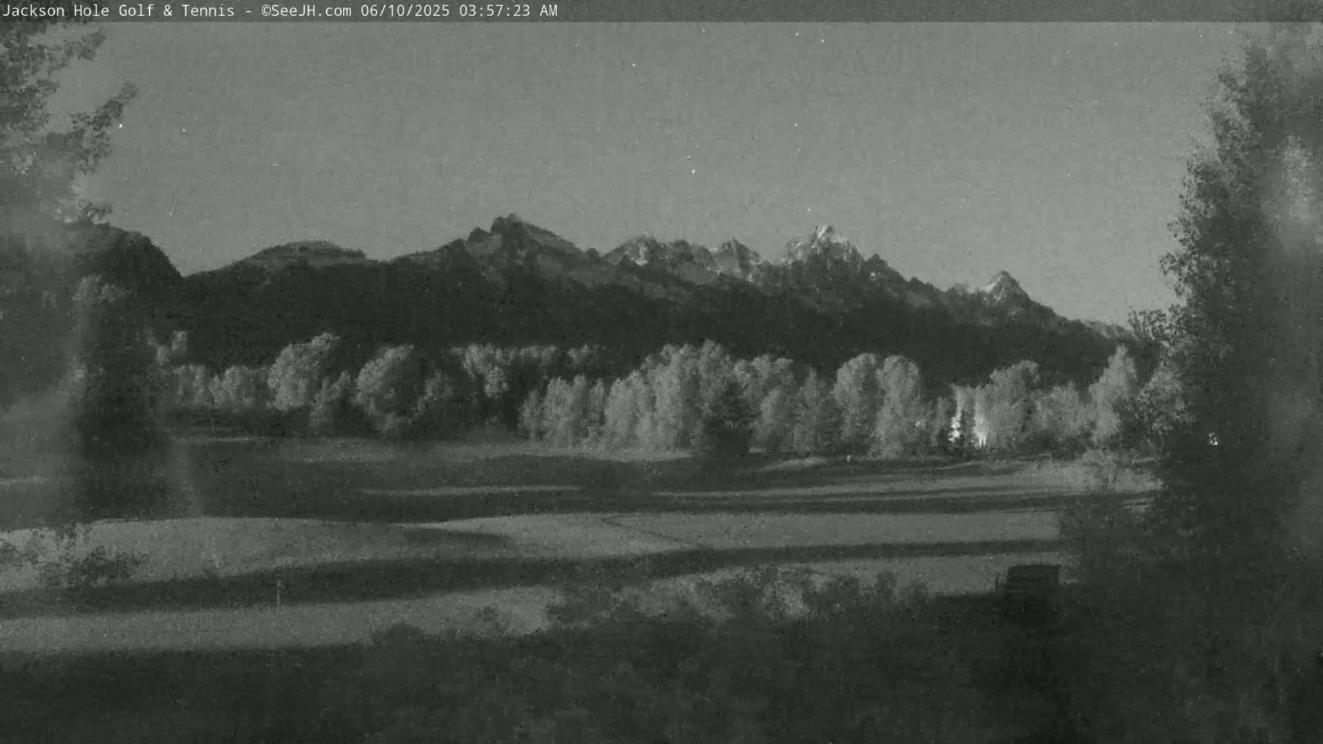A nighttime, grayscale view of a flat grassy area with trees in the foreground, mountains in the background under a clear sky.