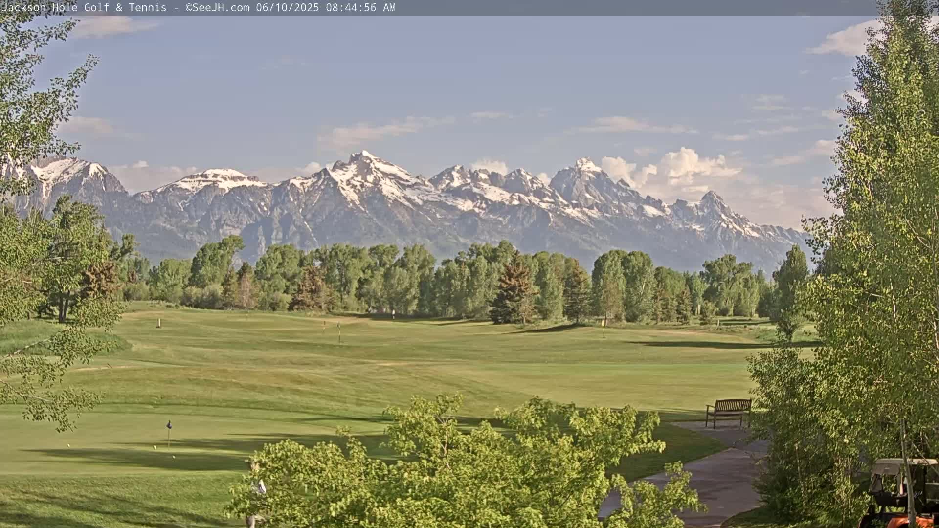 A golf course with a line of leafy green trees in the midground, a snow-capped mountain range under a partly cloudy sky in the background.