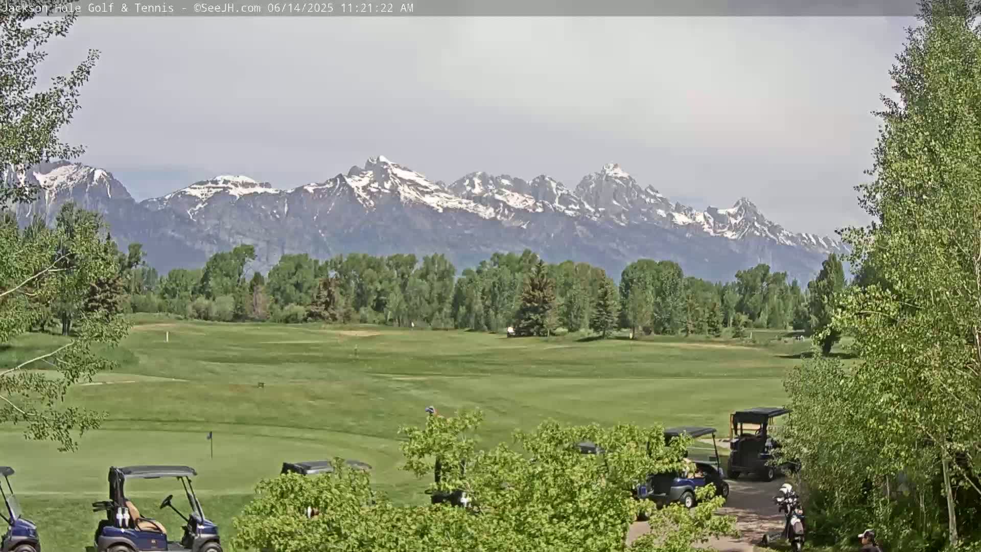 A golf course with several golf carts is situated in front of a snow-capped mountain range on a partly cloudy day.