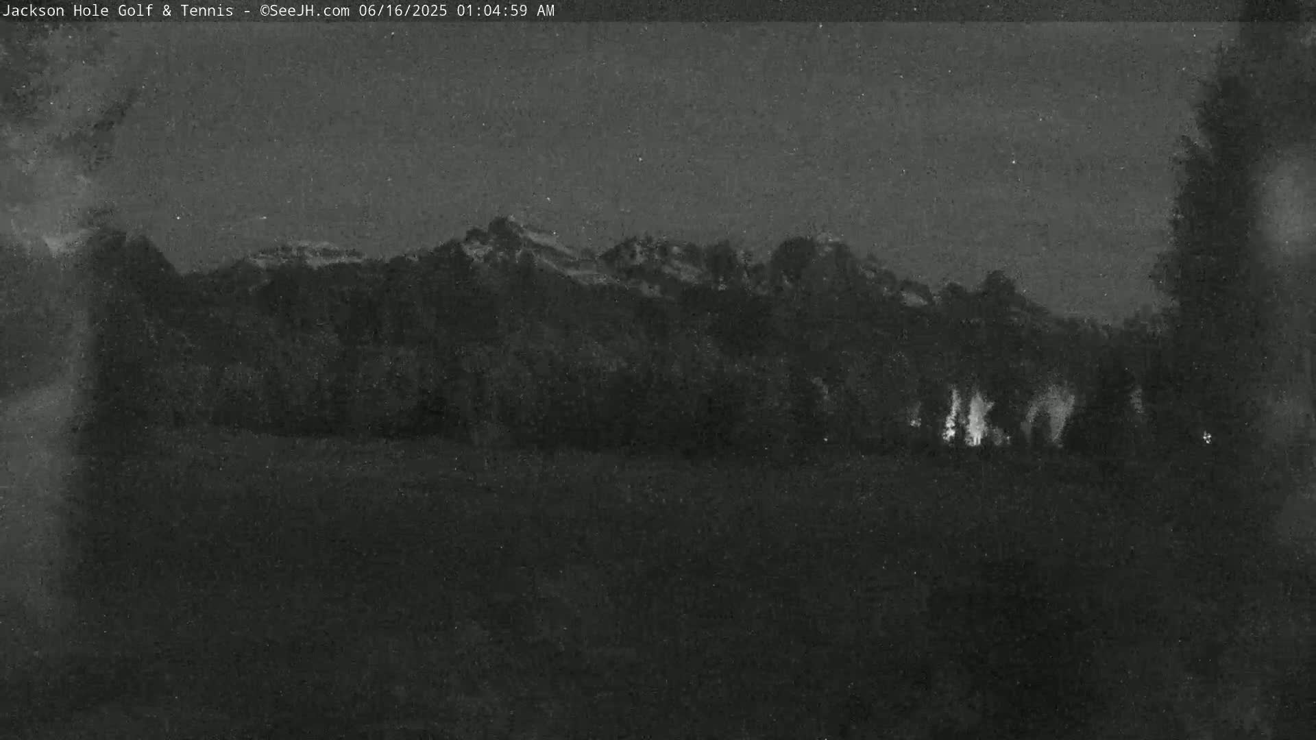 A nighttime view of dark trees and mountains under a mostly clear, dark sky with faint lights visible in the mid-ground.