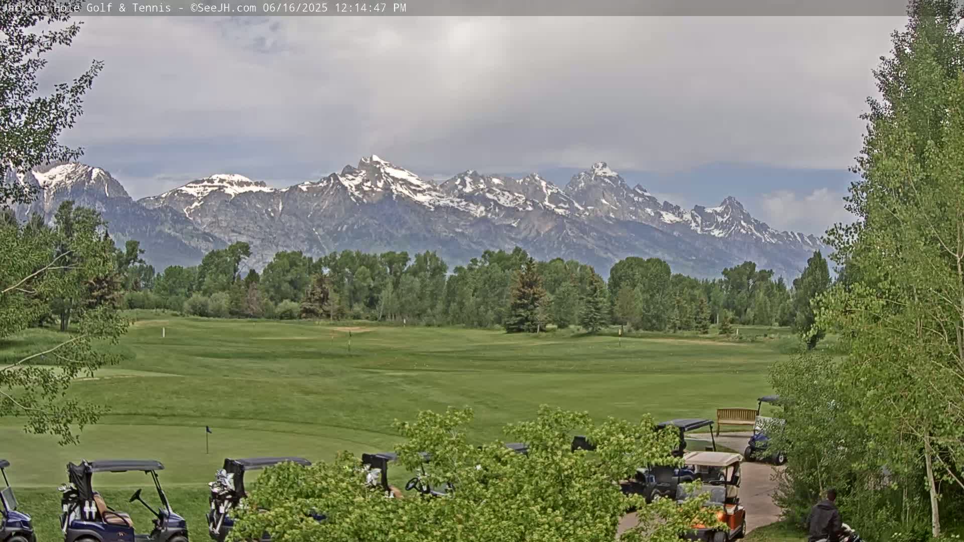 A golf course with several golf carts is situated in front of a mountain range with snow-capped peaks under a partly cloudy sky.