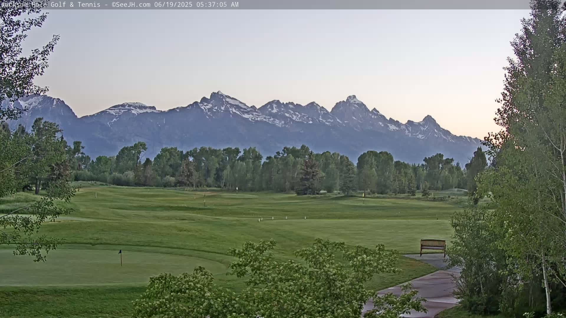 A green golf course with a bench and trees in the foreground, and snow-capped mountains in the background under a pale sky.
