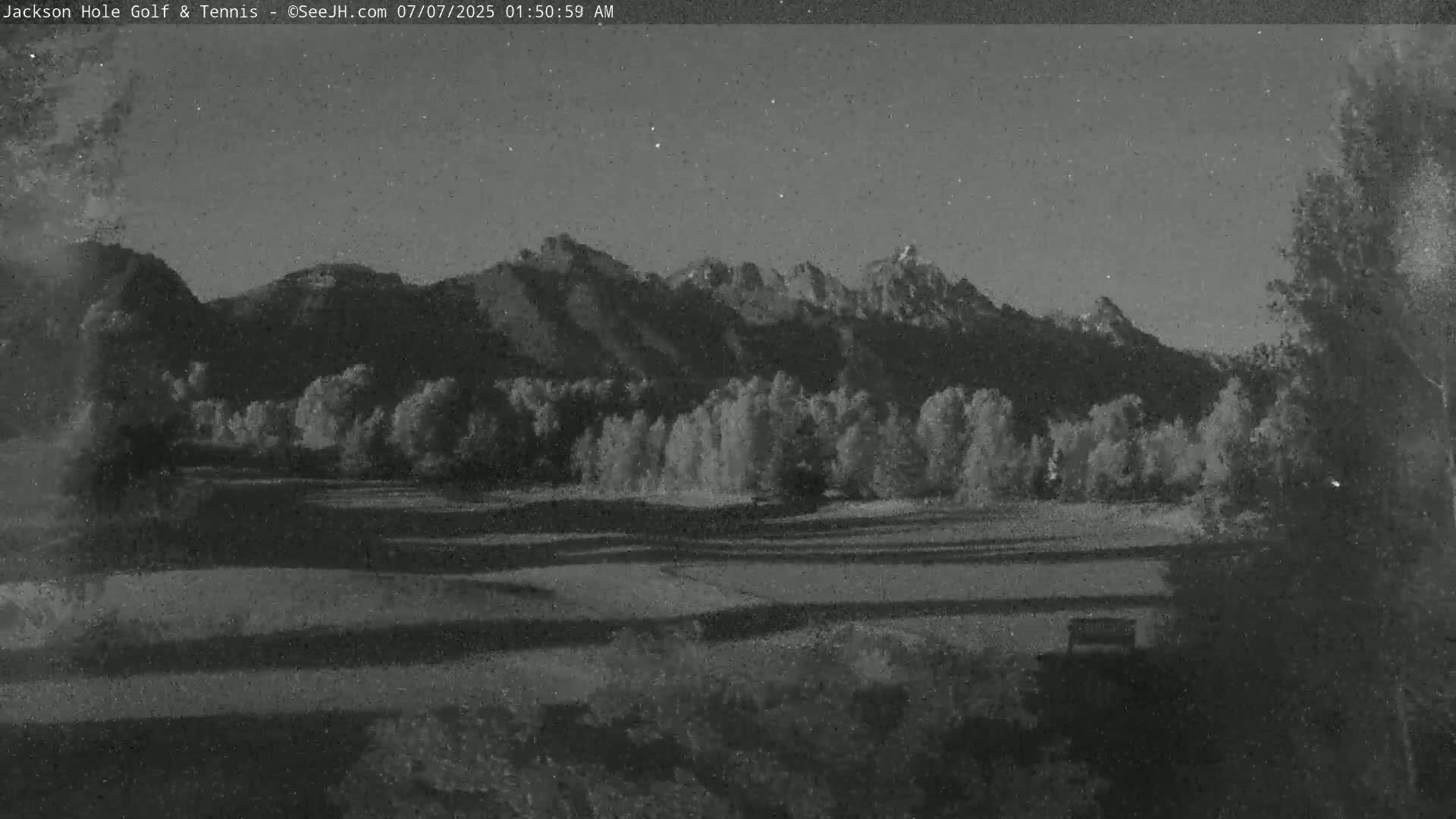 A nighttime grayscale view shows a mountain range behind a field of trees and a flat expanse of land under a slightly cloudy night sky.