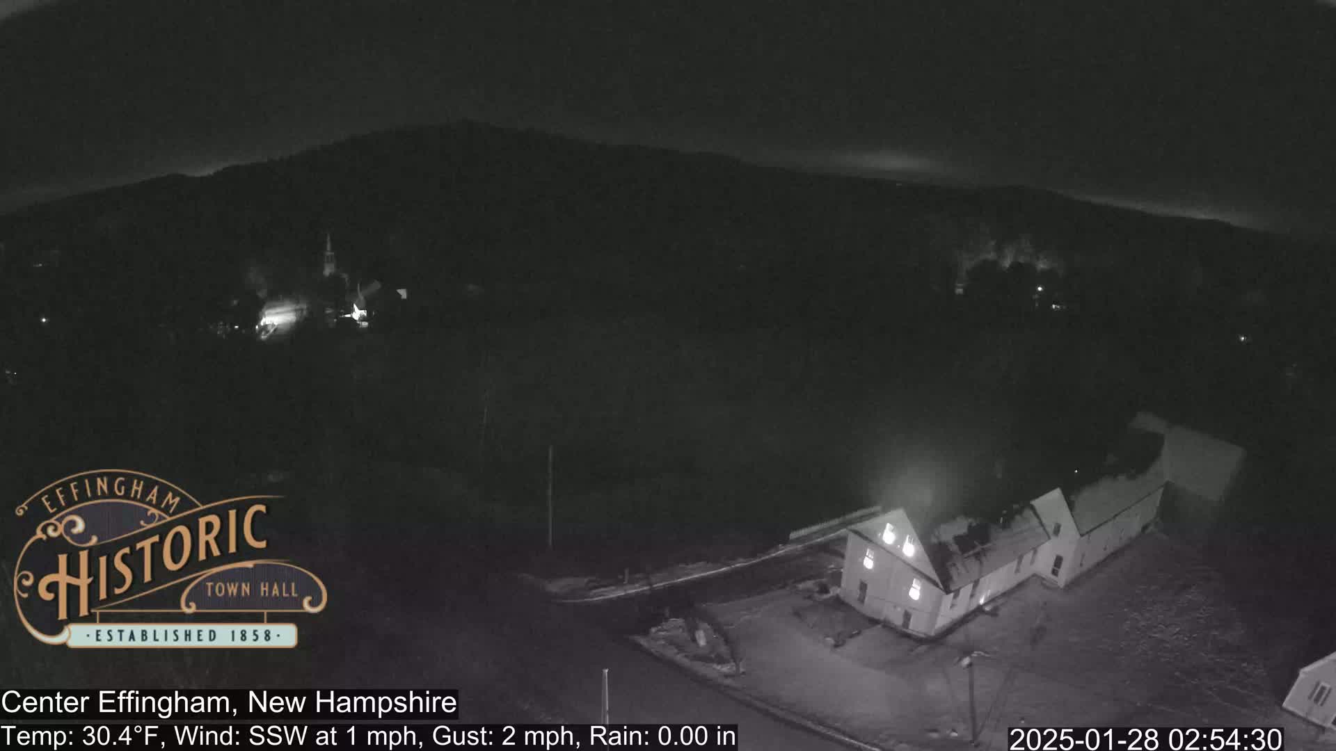 A nighttime, overhead view of a small town under a dark sky with a slight south-southwesterly wind and no rain.