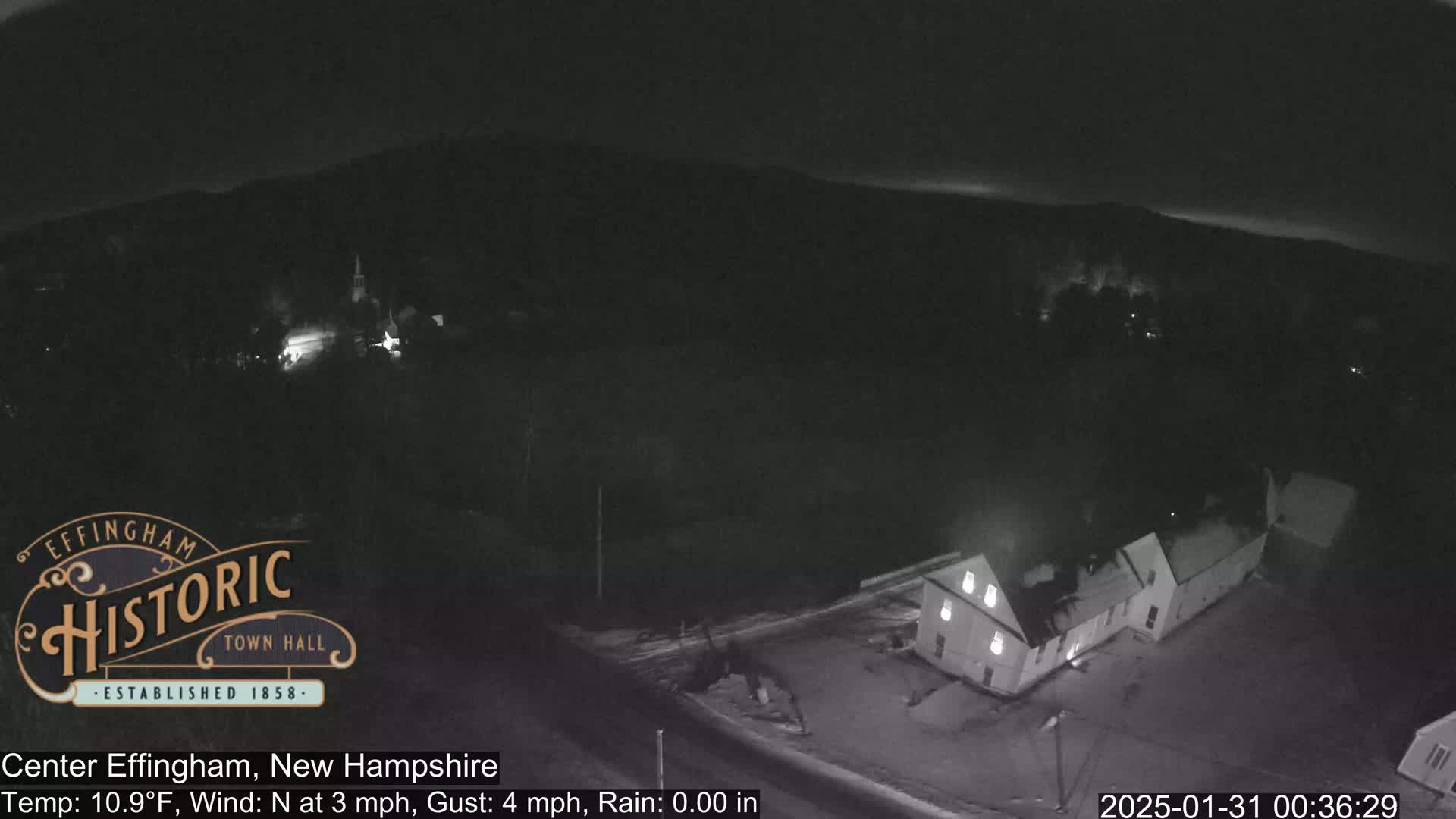 A nighttime, aerial view of a small town with a building in the foreground under a dark sky with light rain.