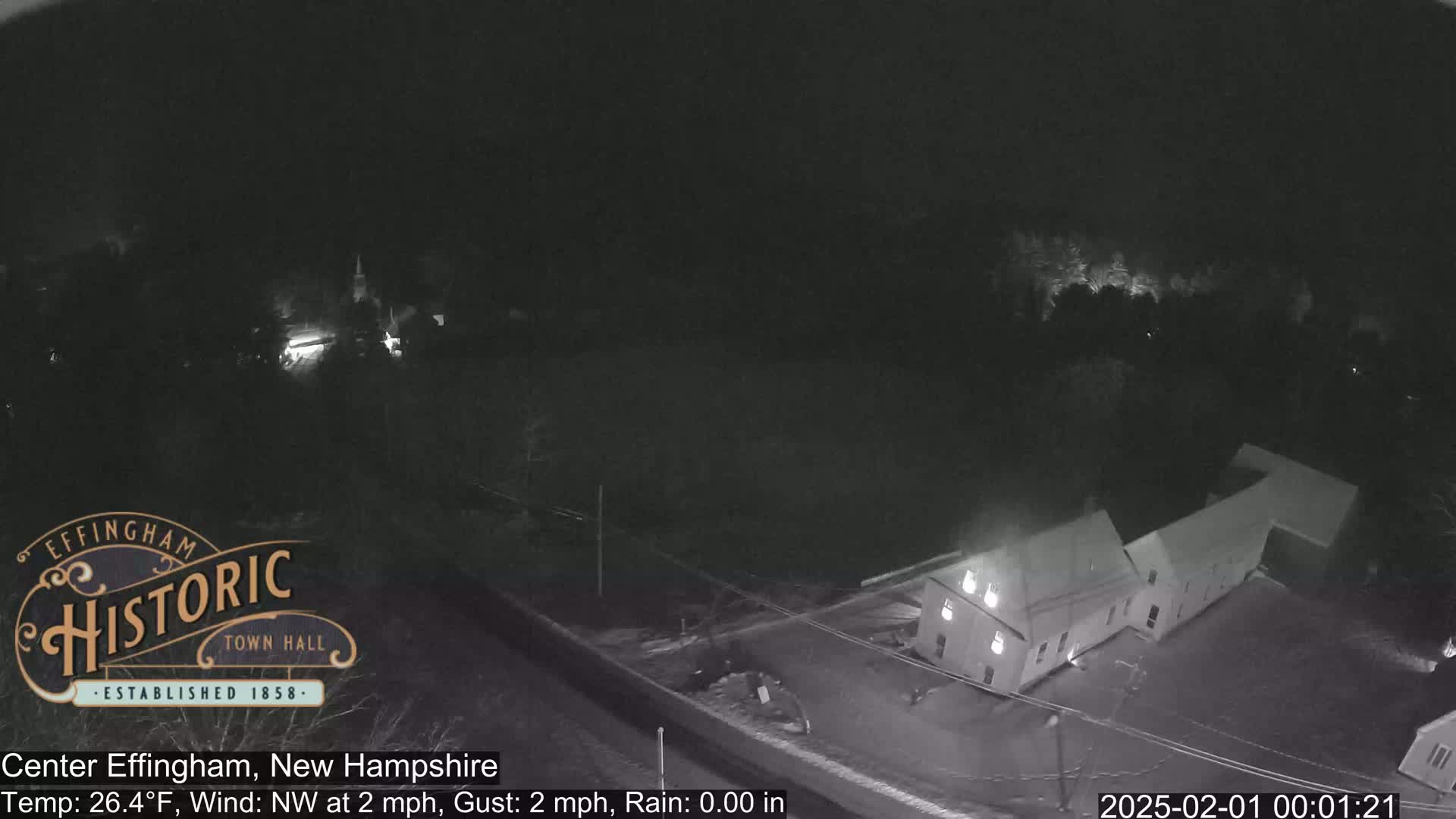 A nighttime, high-angle view shows a building complex under a dark sky with a northwest wind at 2 mph and no rain.