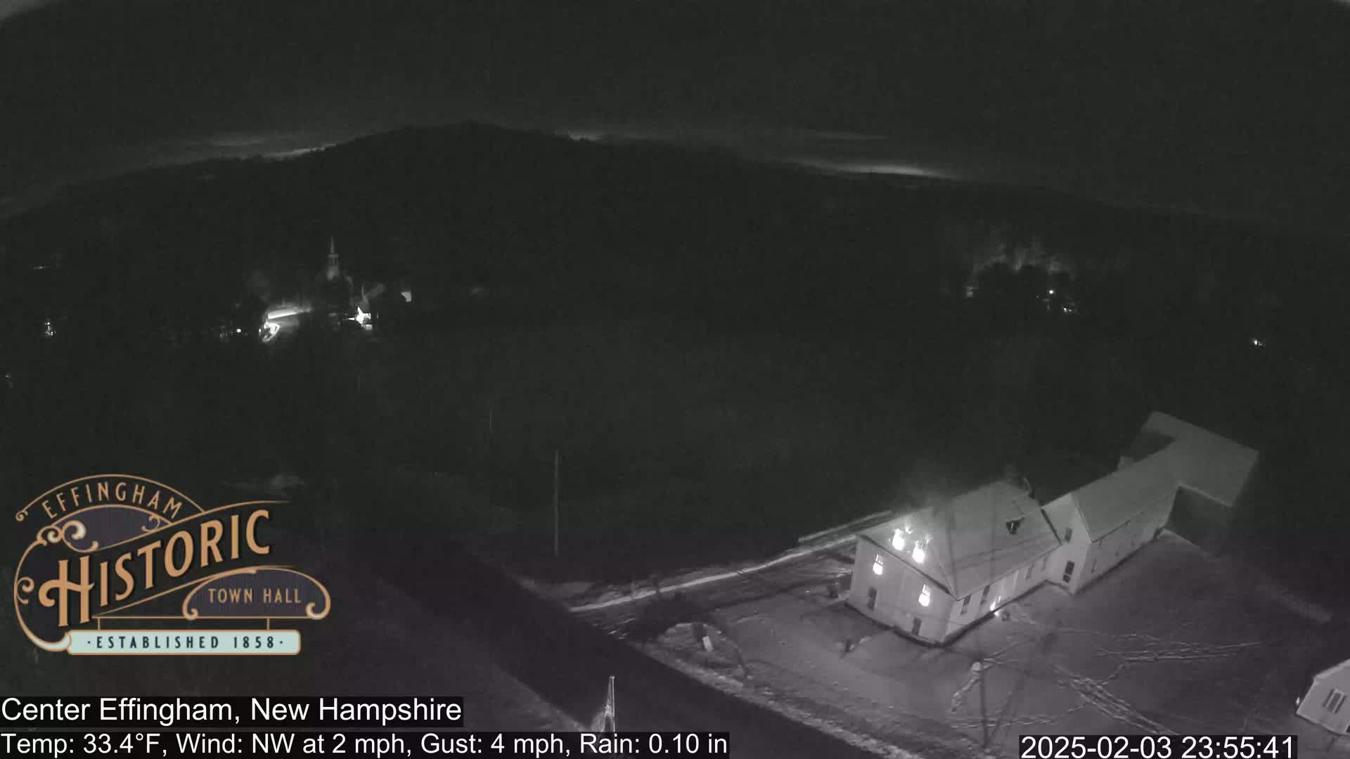 A nighttime, aerial view shows a building complex with some snow on the ground under a dark, rainy sky.