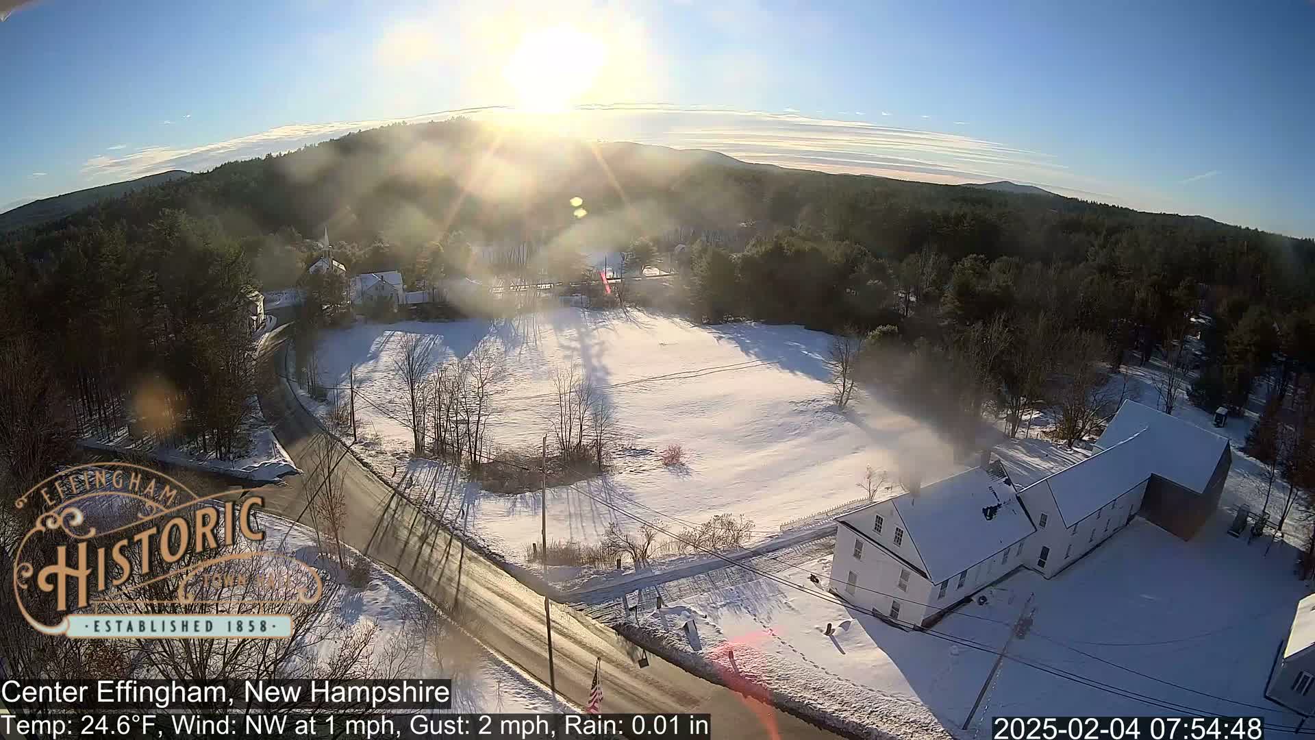 A snow-covered landscape with a road curving through it,  houses, and a forest in the background, under a partly sunny sky.