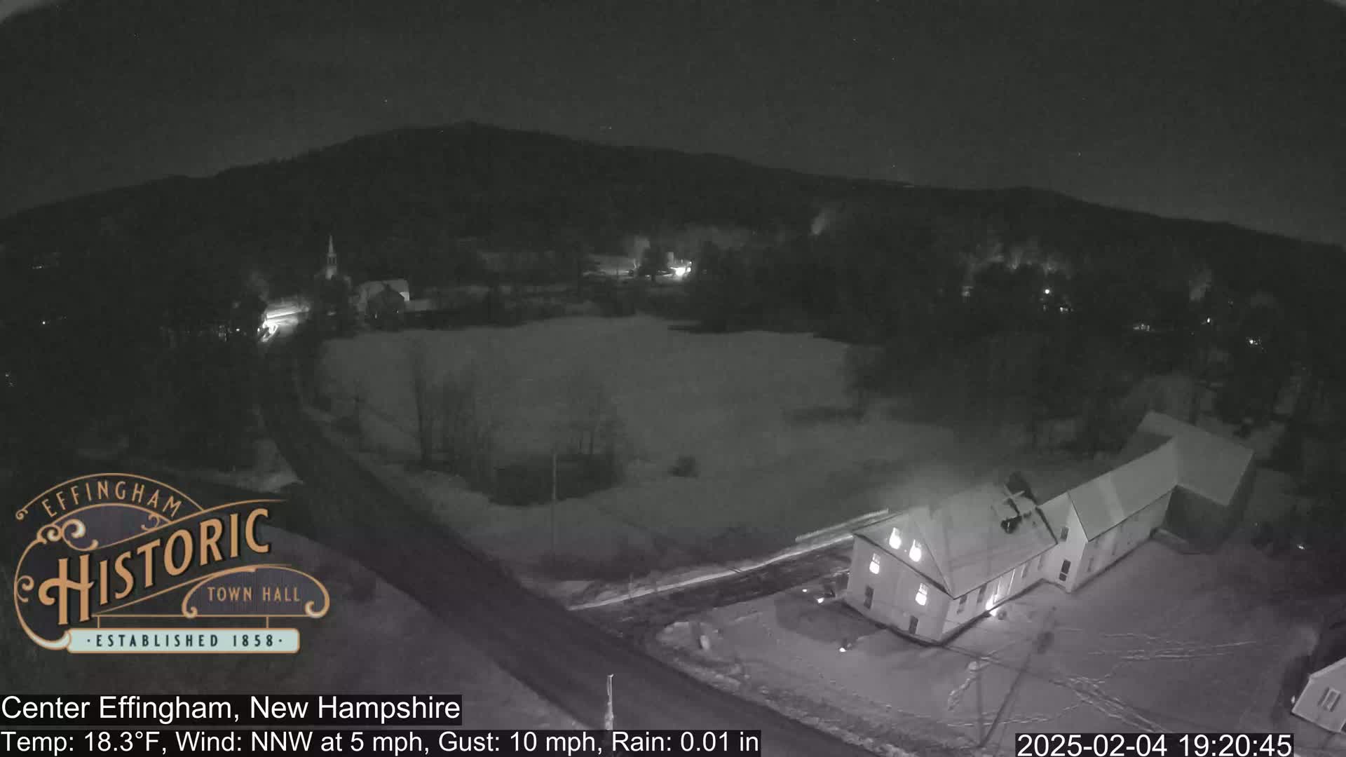 A nighttime, snowy scene shows a small town with a few lit buildings under a dark, rainy sky.