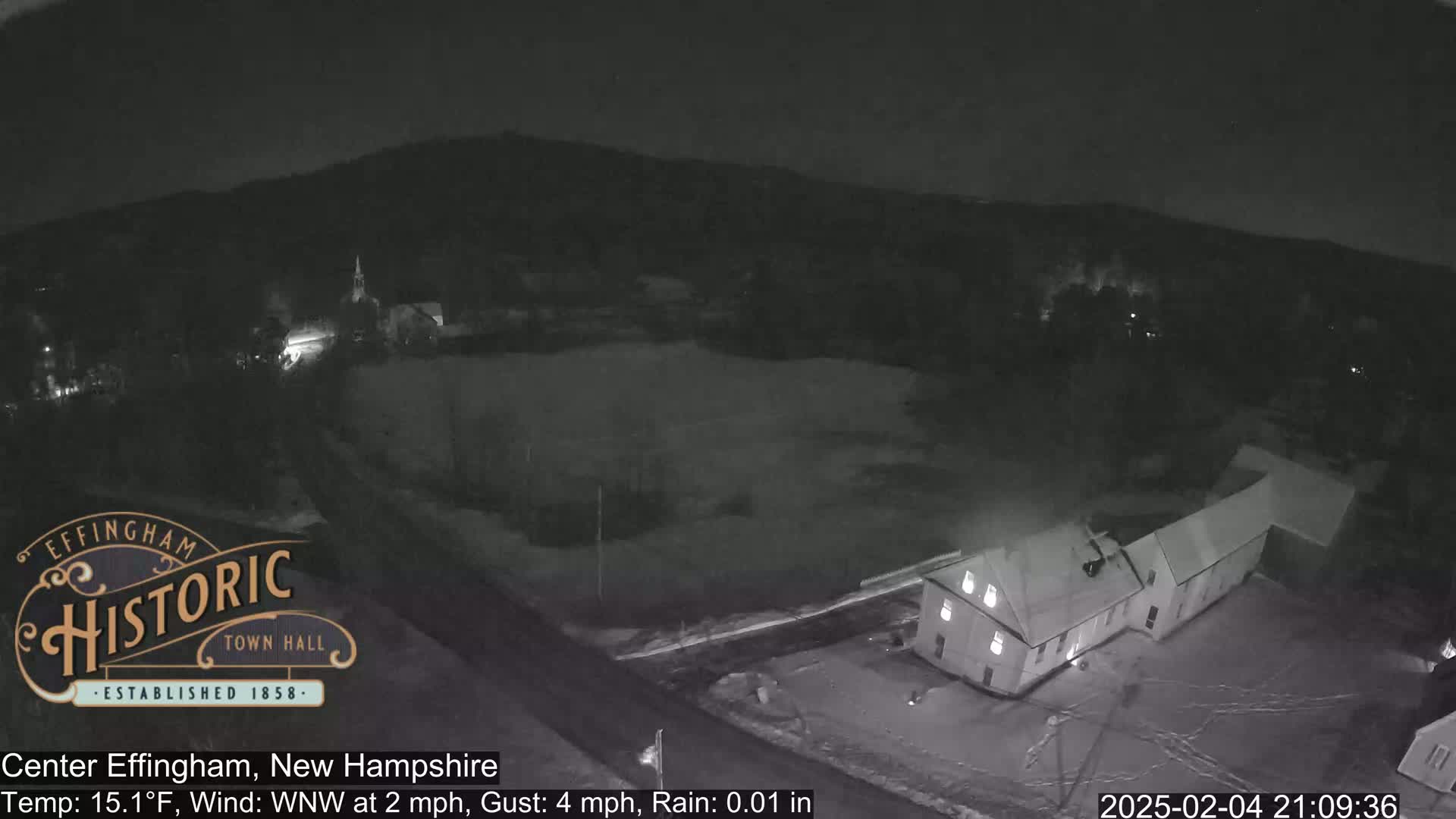 A nighttime, aerial view of a small town under rainy conditions shows a building and a large, dark field.
