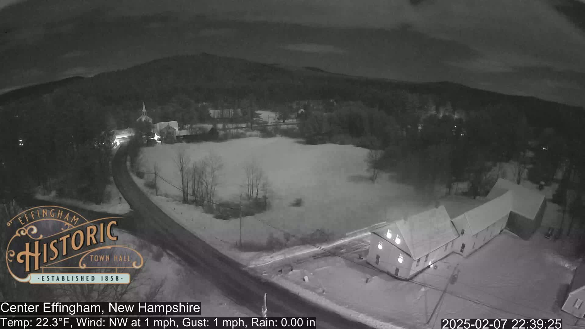 A nighttime, aerial view of a snow-covered town with a road winding through it, under a dark sky.