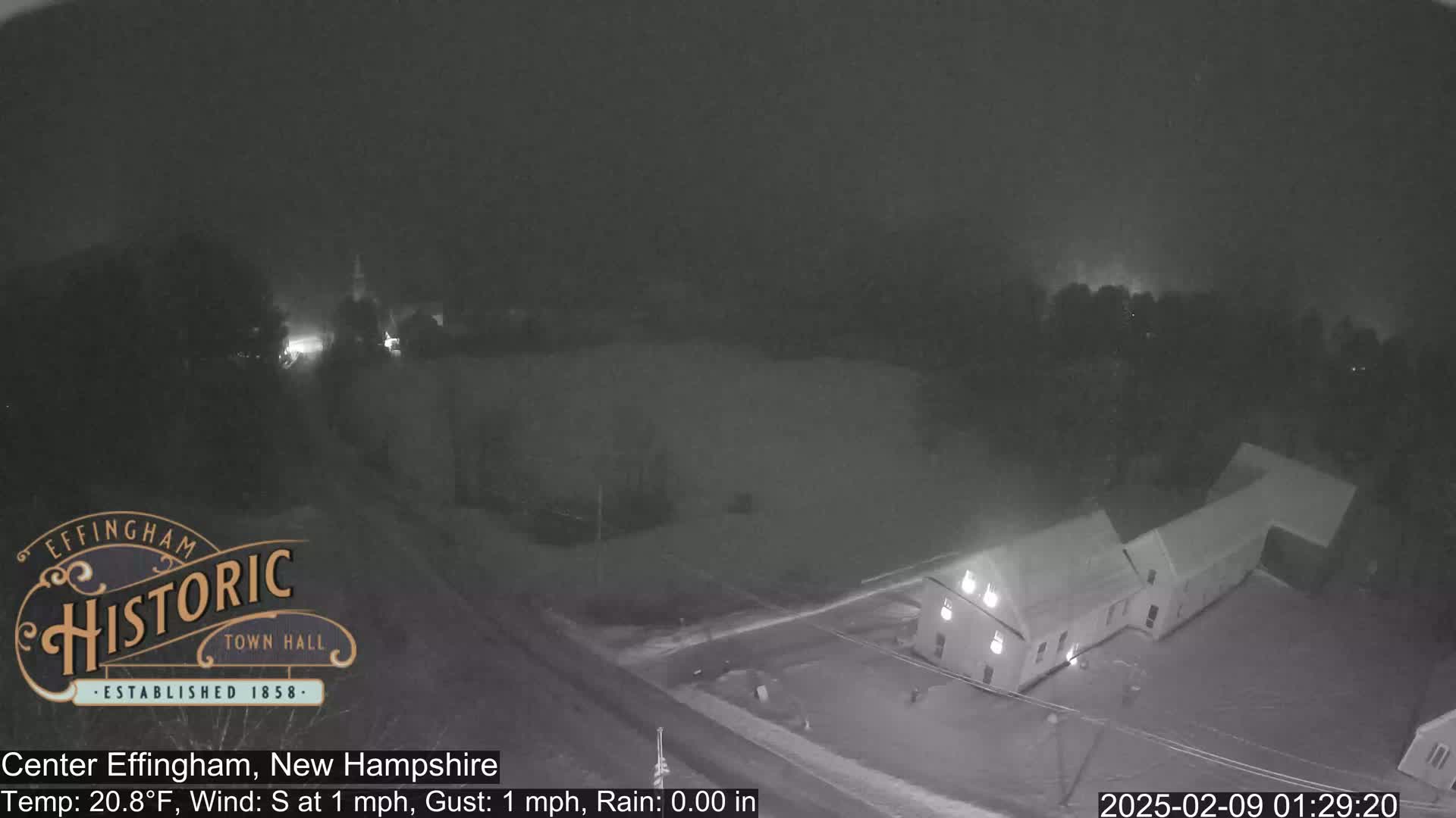 A nighttime, low-light view of a building and surrounding area under rainy conditions, with a light south wind.