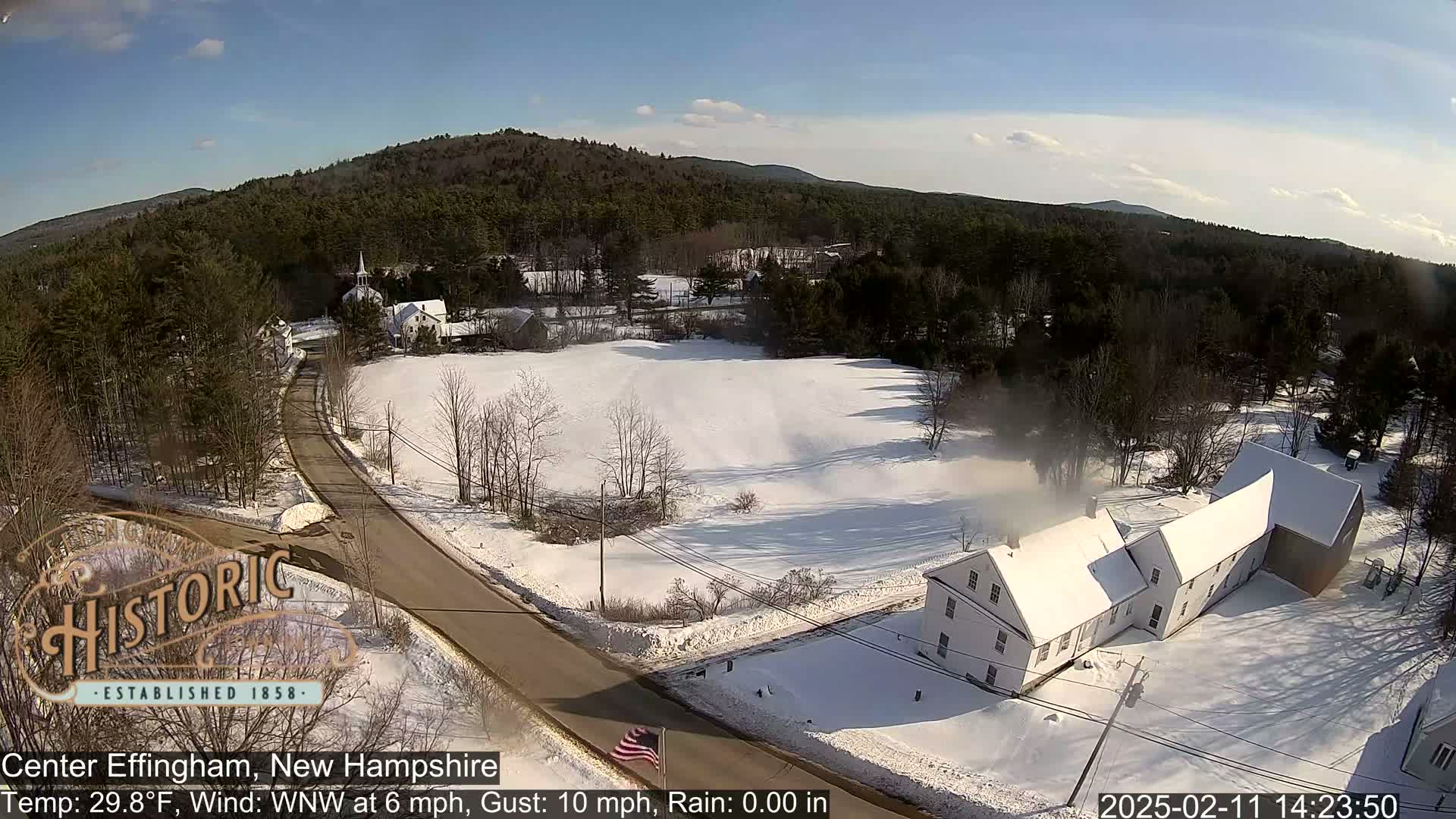 A snow-covered road winds through a small village nestled among snow-covered fields and pine trees under a mostly sunny sky.