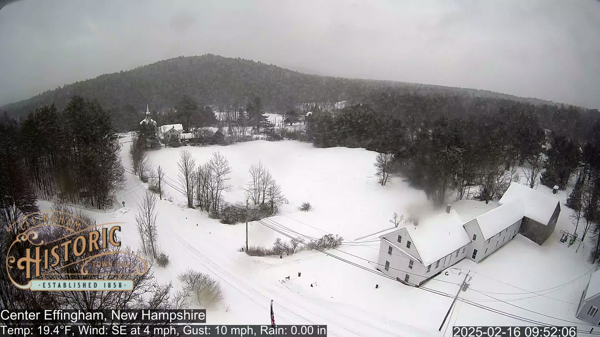 A snow-covered landscape with buildings and trees is seen during a light snowfall.