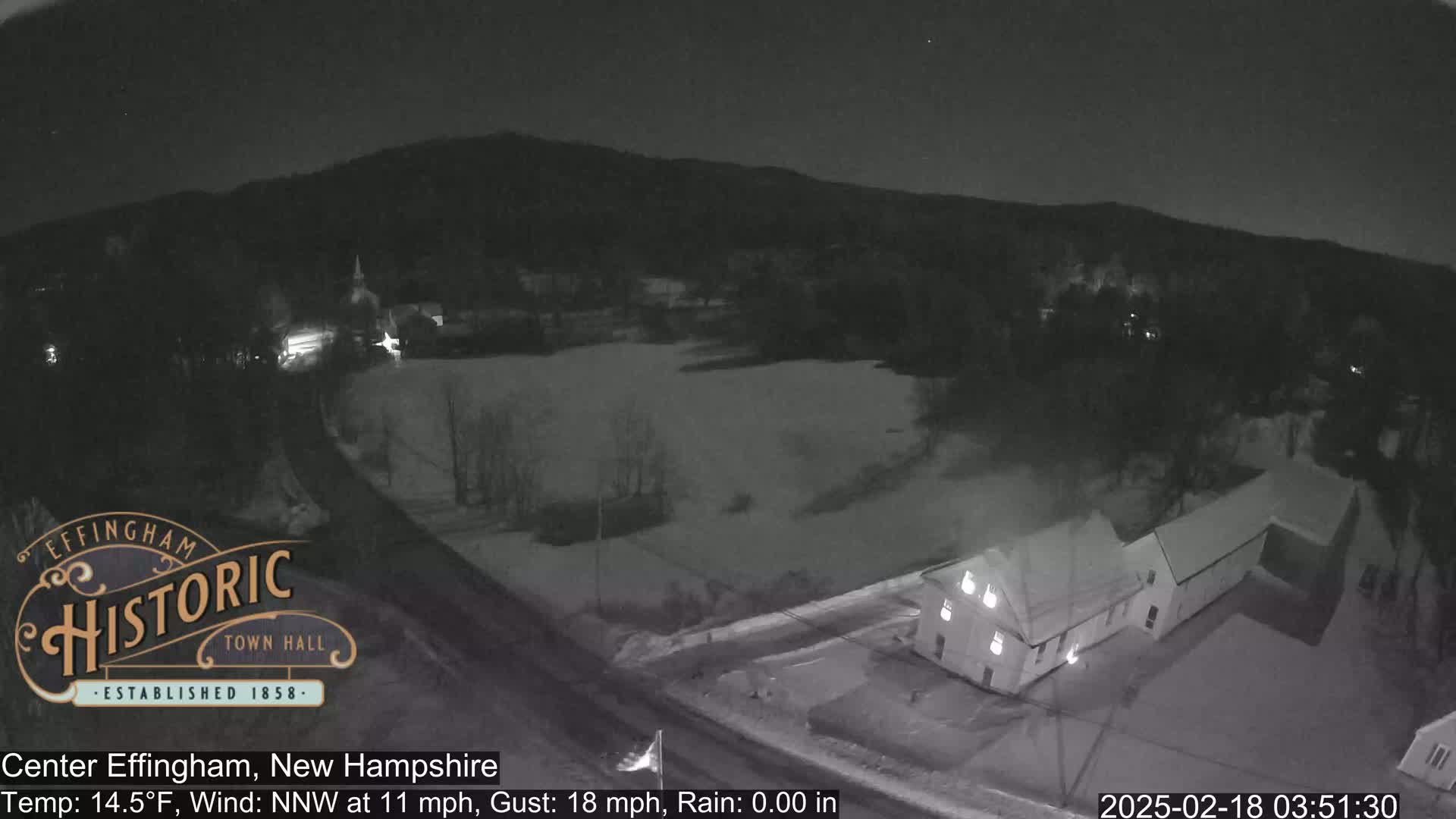 A nighttime, snow-covered landscape with a building and a body of water under a dark sky, with a wind of 11 mph gusting to 18 mph and no rain.