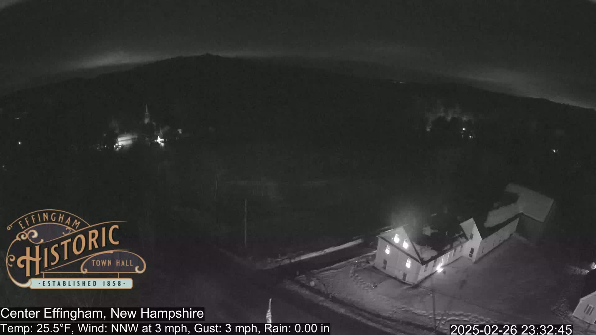 A nighttime, aerial view of a snow-covered town with a building illuminated, under a dark sky with no rain.