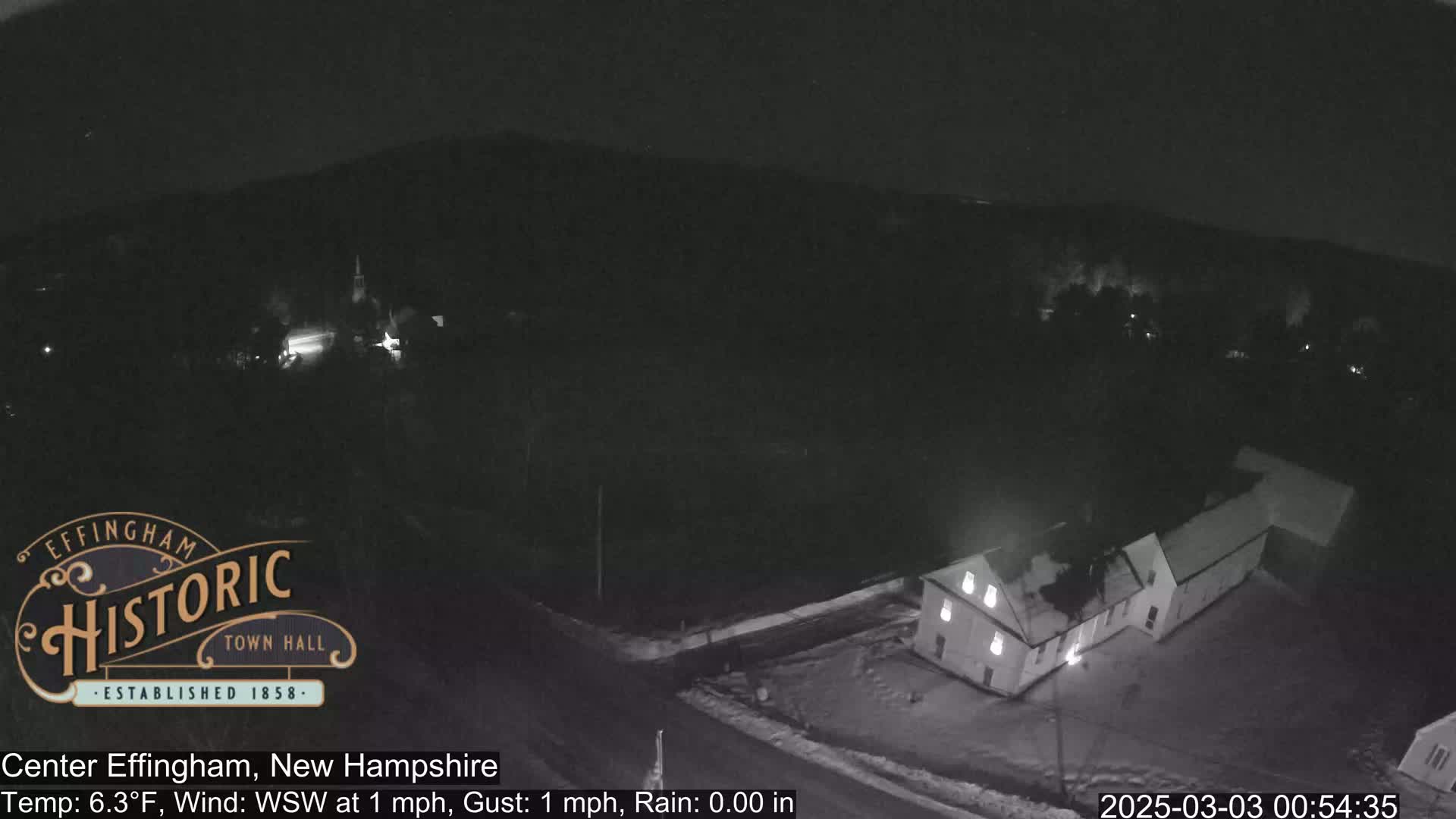 A nighttime, aerial view of a small town with a building illuminated, under a clear, dark sky with a light wind.