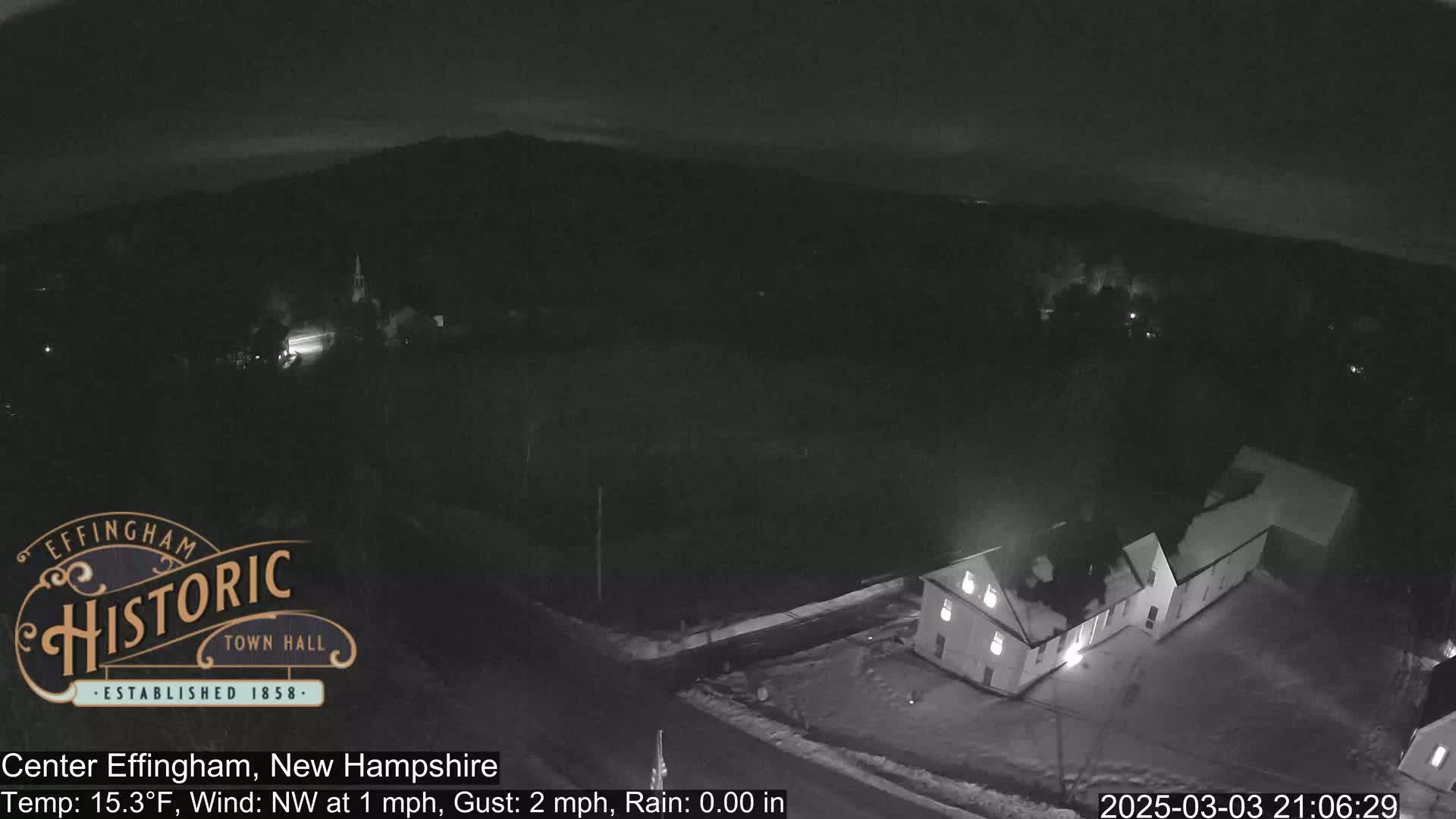 A nighttime, overhead view of a snow-covered town with a building illuminated, under a dark, cloudy sky.
