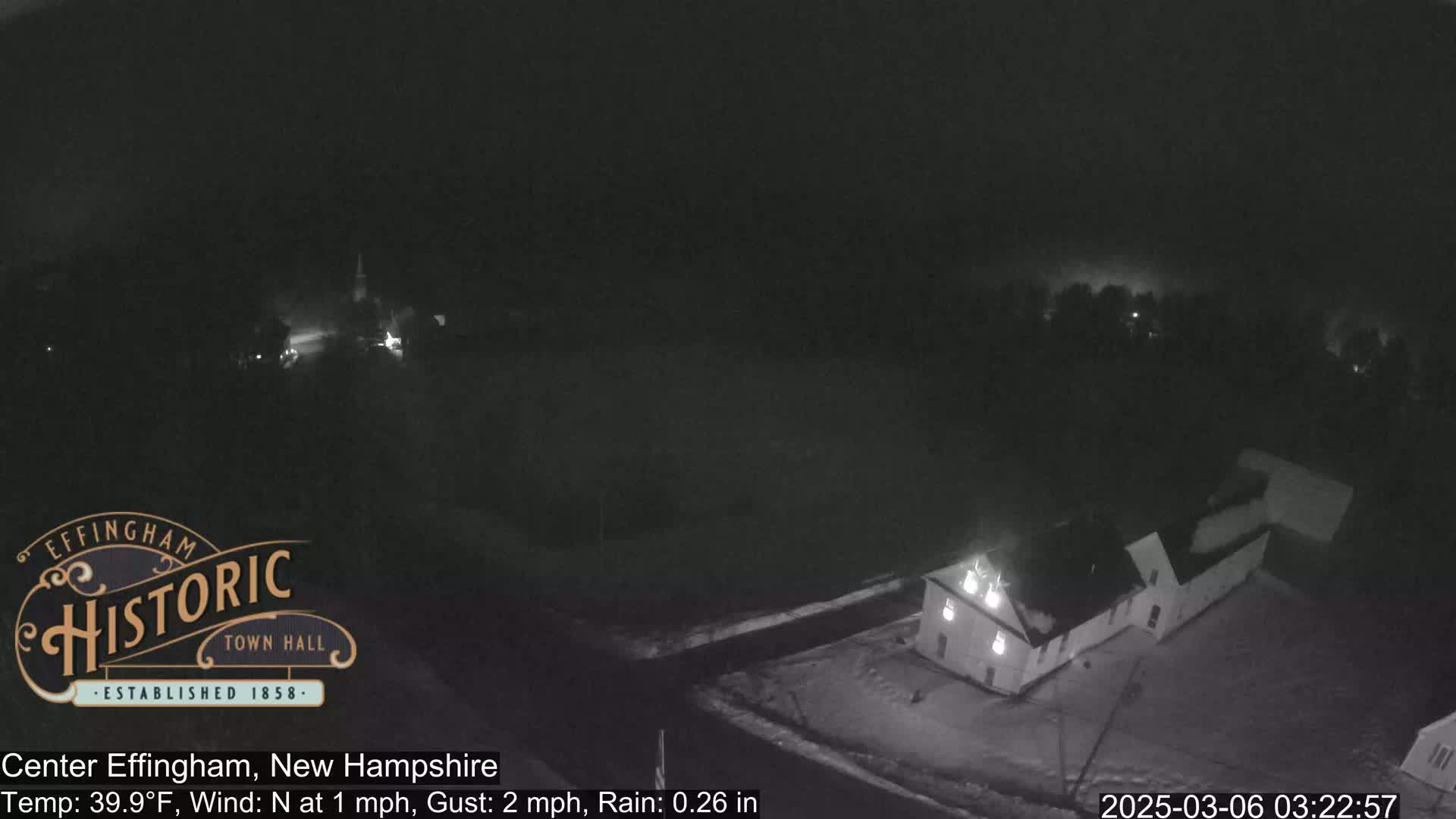 A nighttime, rainy scene shows a building and a partially snow-covered area, with a few lights visible.