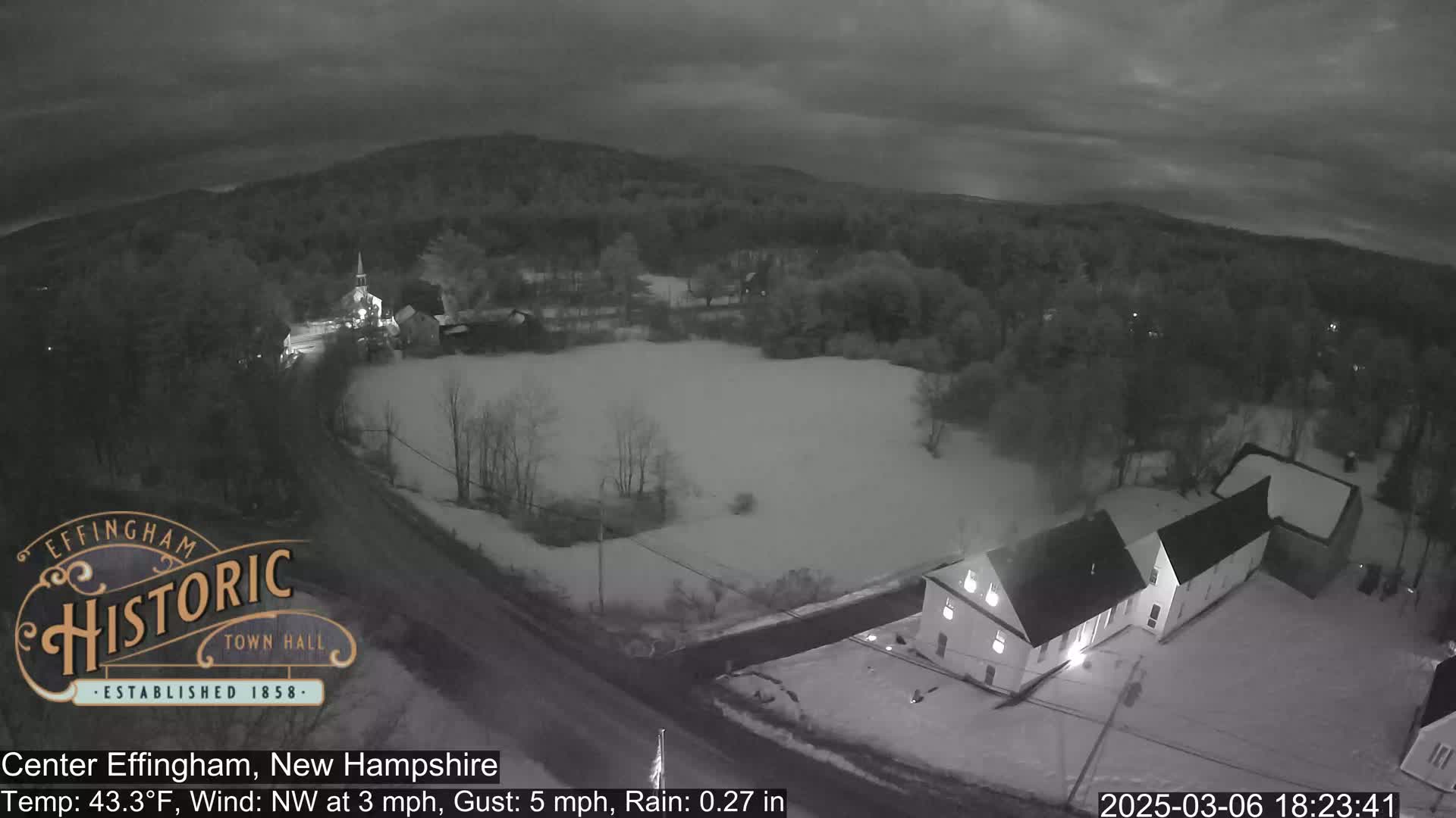 A nighttime, snowy aerial view of a small town with a few lit buildings and a road under a dark, rainy sky.