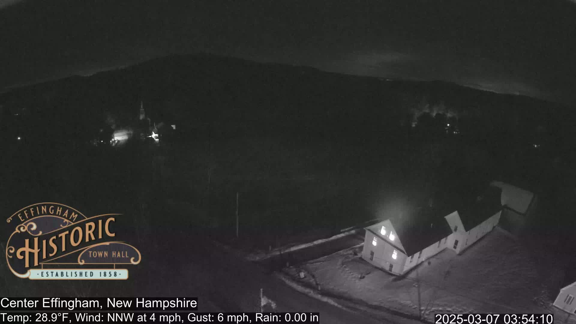 A nighttime, aerial view of a small town with a few lit buildings, under a dark, clear sky.