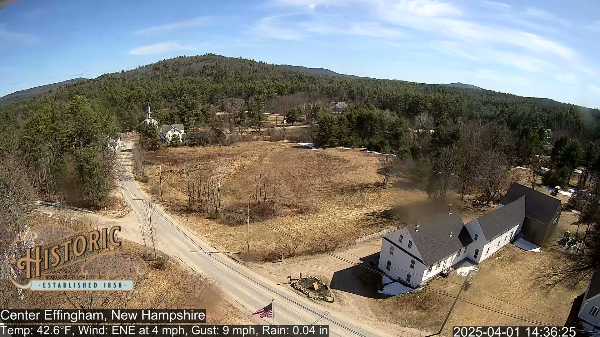 A high-angle view shows a rural town nestled in a valley of evergreen trees under a clear blue sky, with light wind and minimal rain.