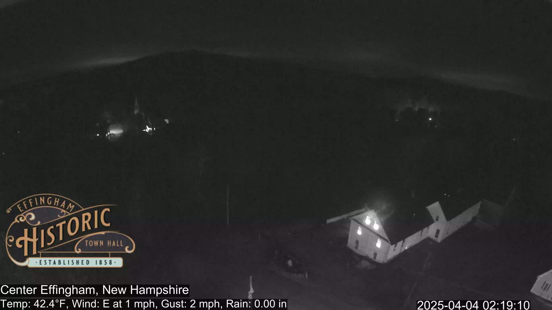 A nighttime, low-light view of a building complex and surrounding area under a dark, possibly cloudy sky with a temperature of 42.4°F, an east wind at 1 mph, and gusts up to 2 mph.