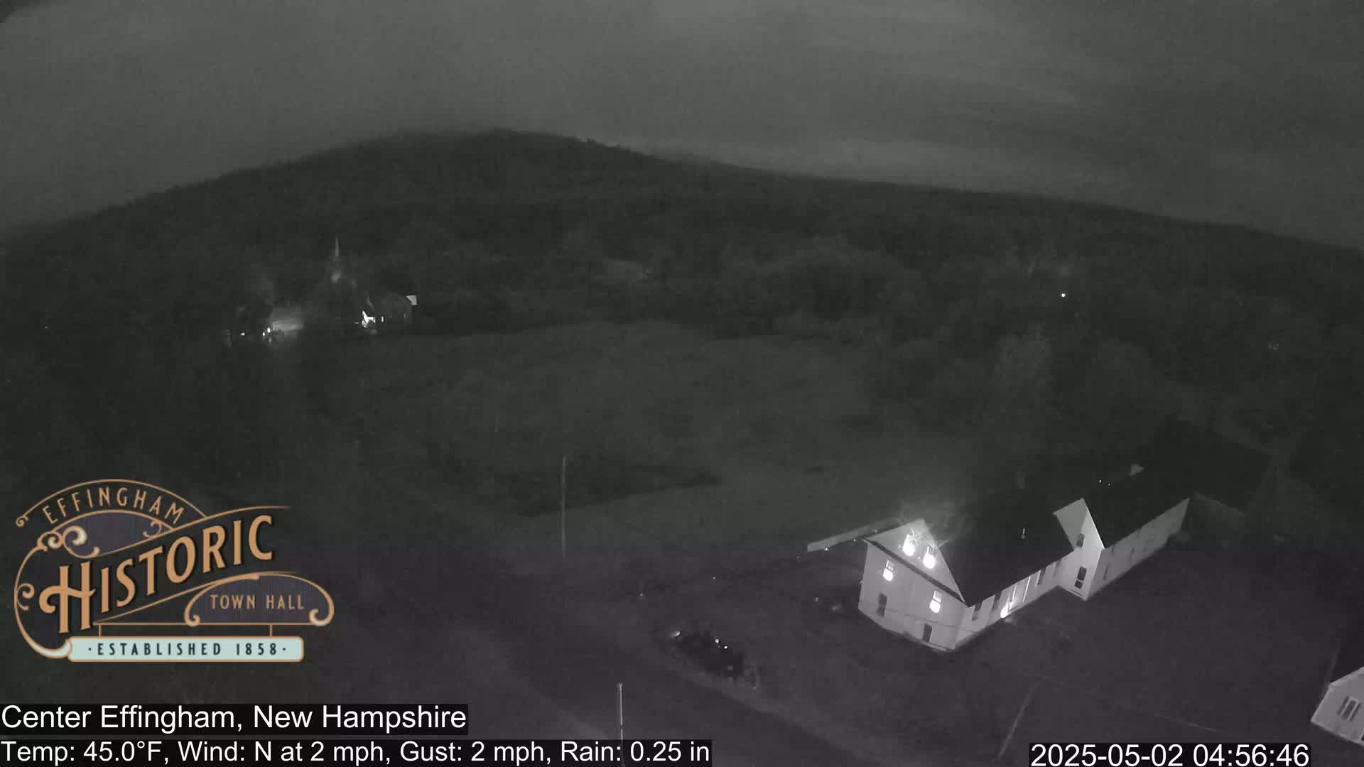 A nighttime, rainy view shows a sparsely lit town with a building illuminated in the foreground under a dark sky.