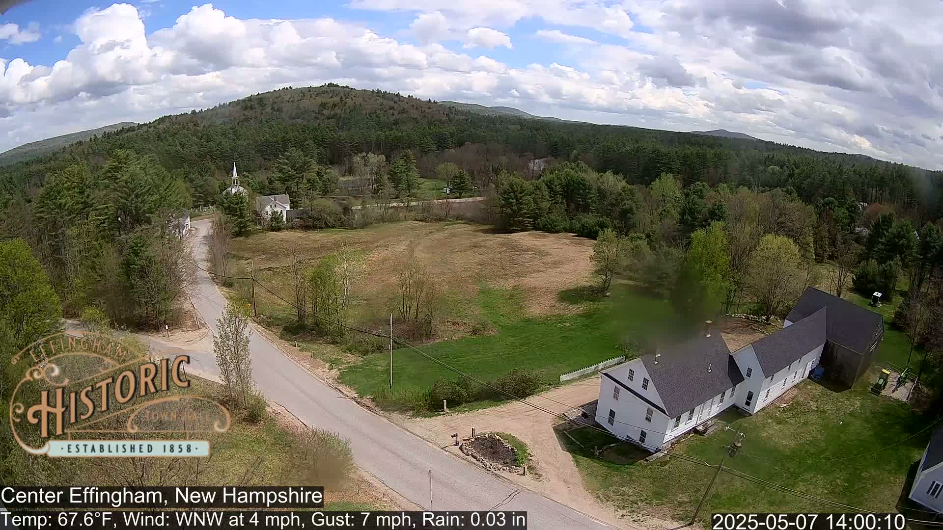 A slightly overcast day shows a rural road intersecting with another road near a white building in a green, hilly landscape.