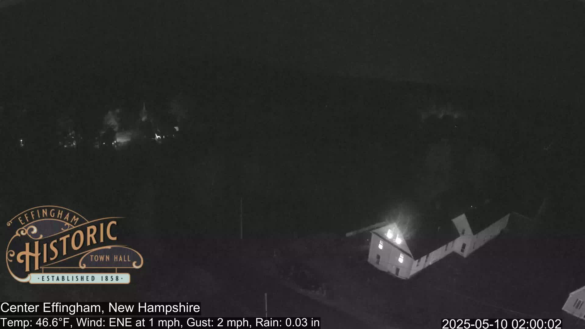 A nighttime, low-light view shows a building in light rain with a wind blowing from the east-northeast at 1 mph and gusts up to 2 mph.