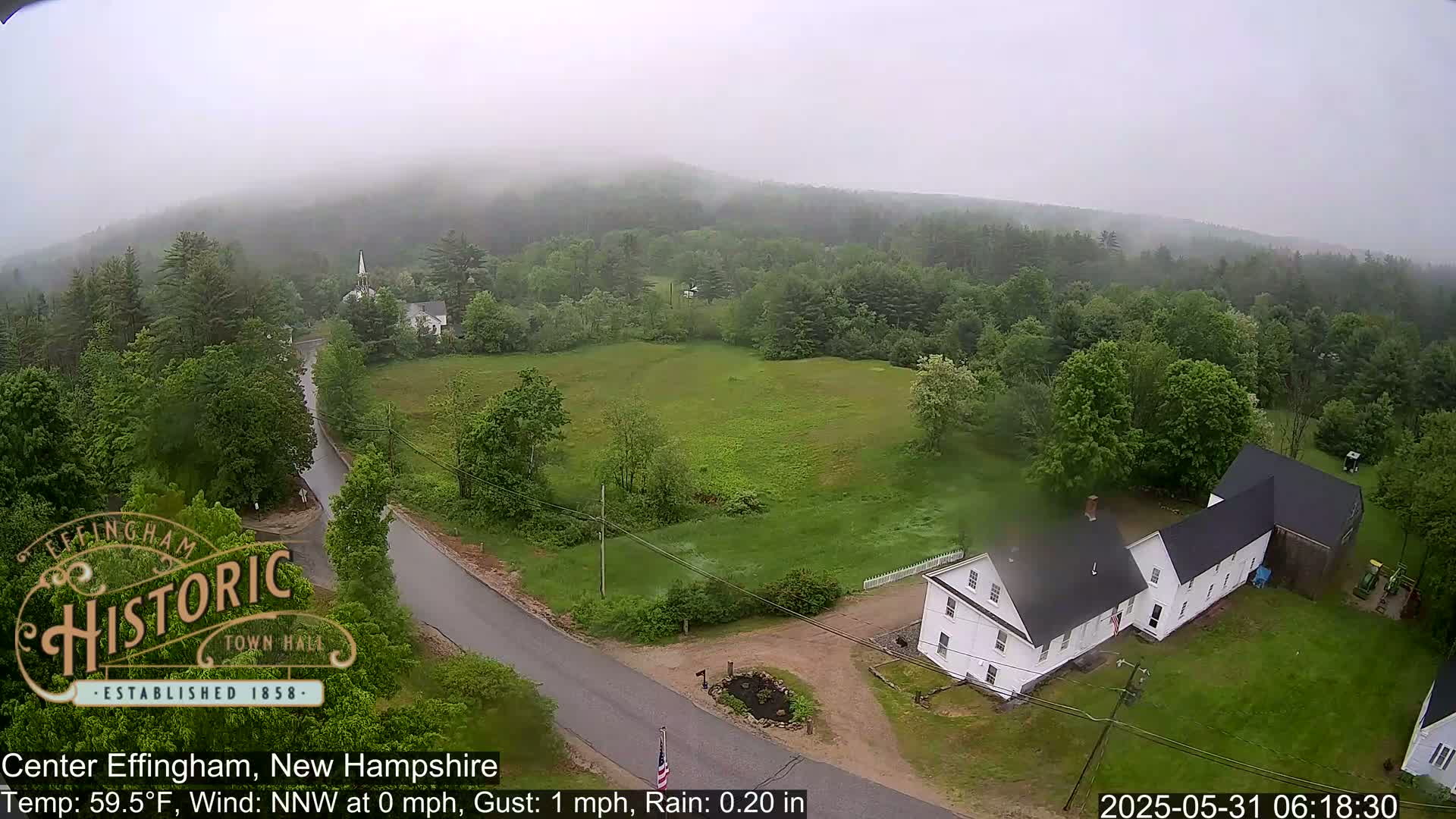 A rain-soaked rural landscape featuring a white house, a road, and a verdant field, all under a misty sky.