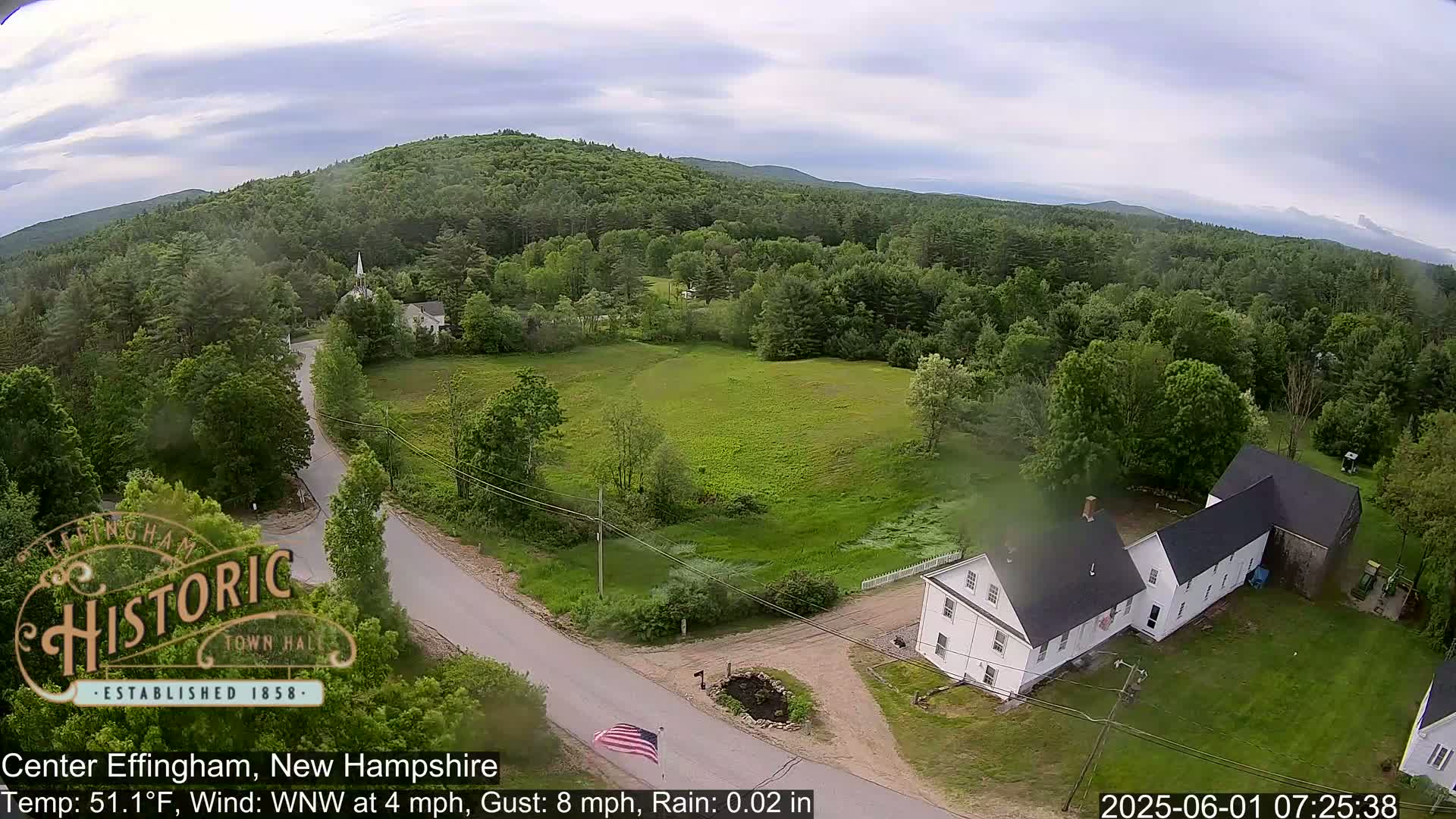An aerial view shows a rural area with a road, houses, and green fields under a cloudy sky with light rain.