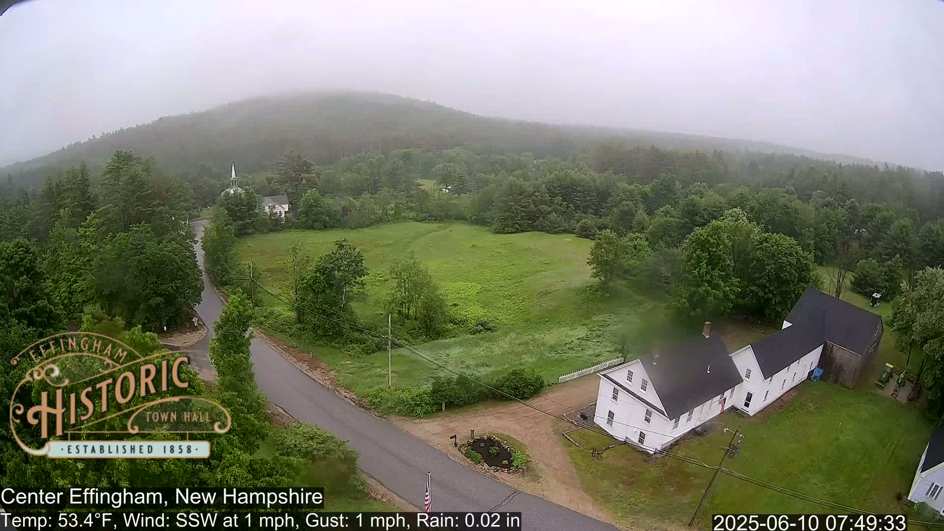 A high-angle, long shot shows a rural area with a white house, a road, and green fields under a light rain.