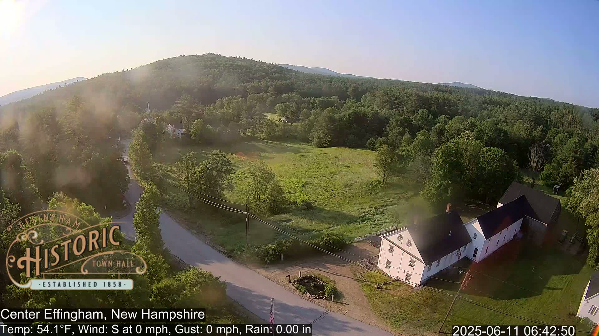 An aerial view shows a rural area with a white house, a road, green fields, and trees under a clear sky.