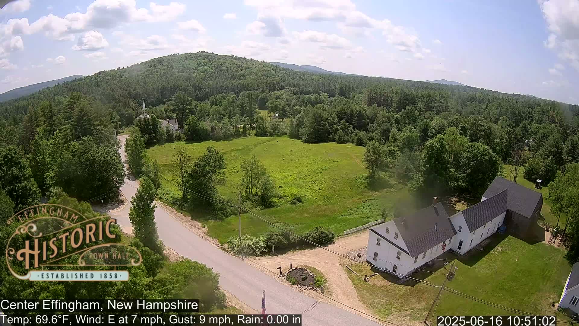 An aerial view shows a rural area with a white building, a road, and green fields under a partly cloudy sky.