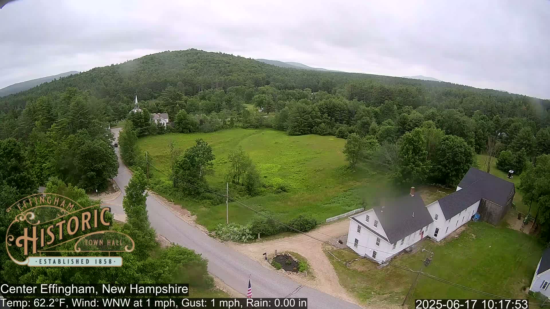 An aerial view of a small town nestled in a verdant valley under an overcast sky shows a white farmhouse, roads, and surrounding green fields and trees.