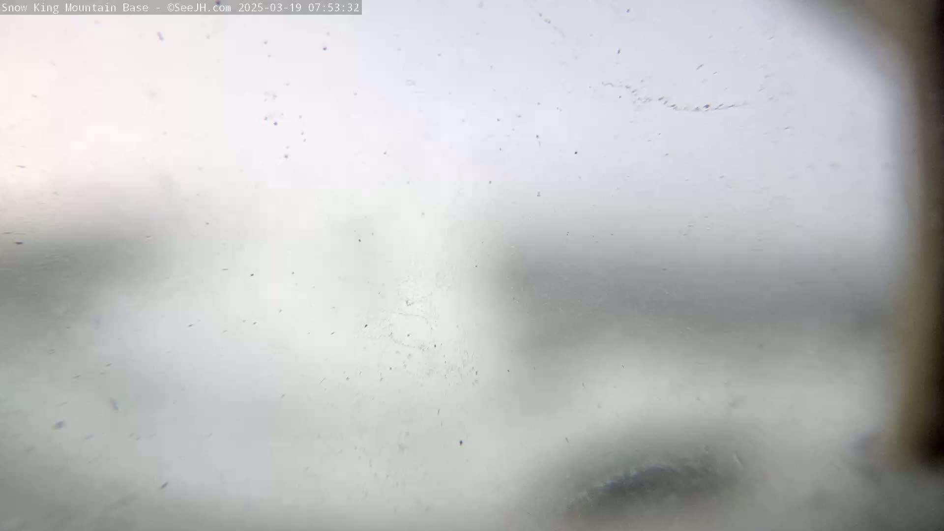 A blurry, light-grey view of a snowy, overcast day is seen through a dirty or condensation-covered window.