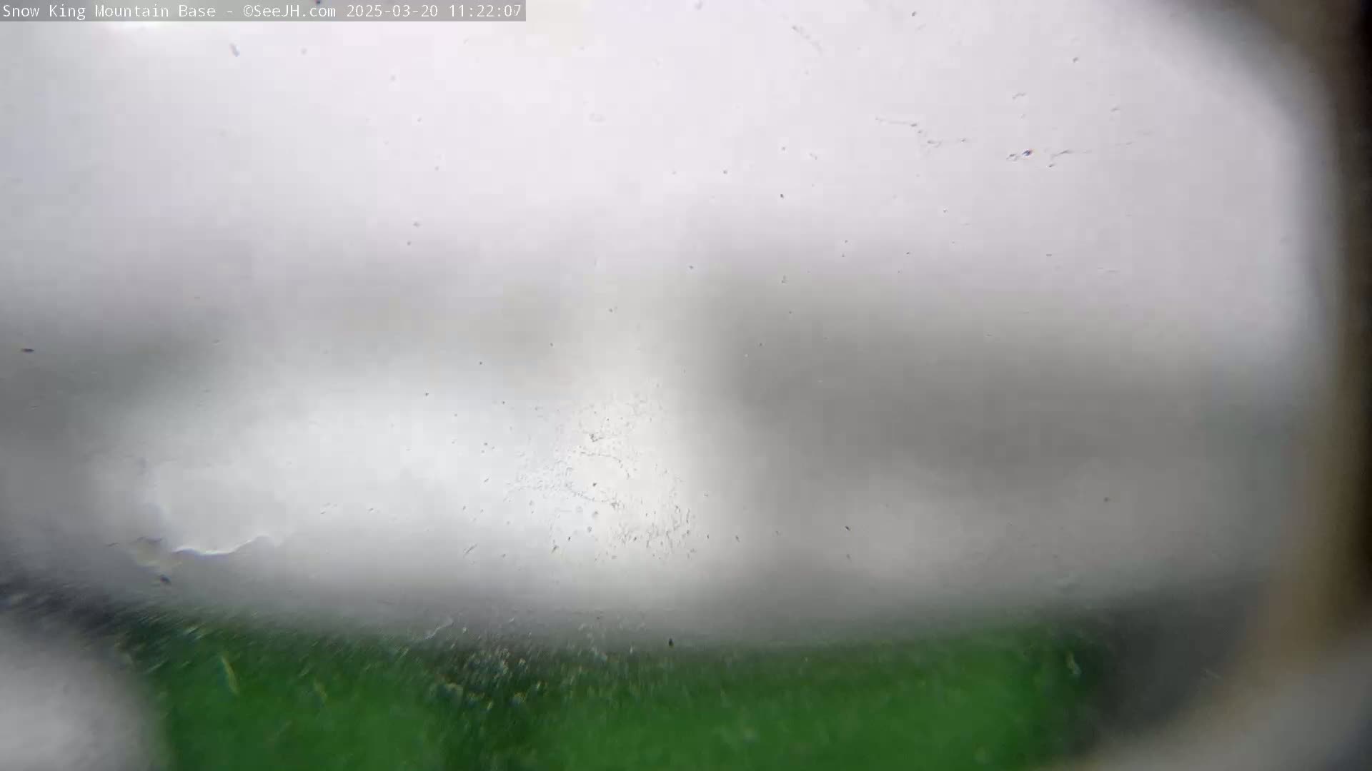 A blurry image shows a mostly overcast sky over a dark green ground.