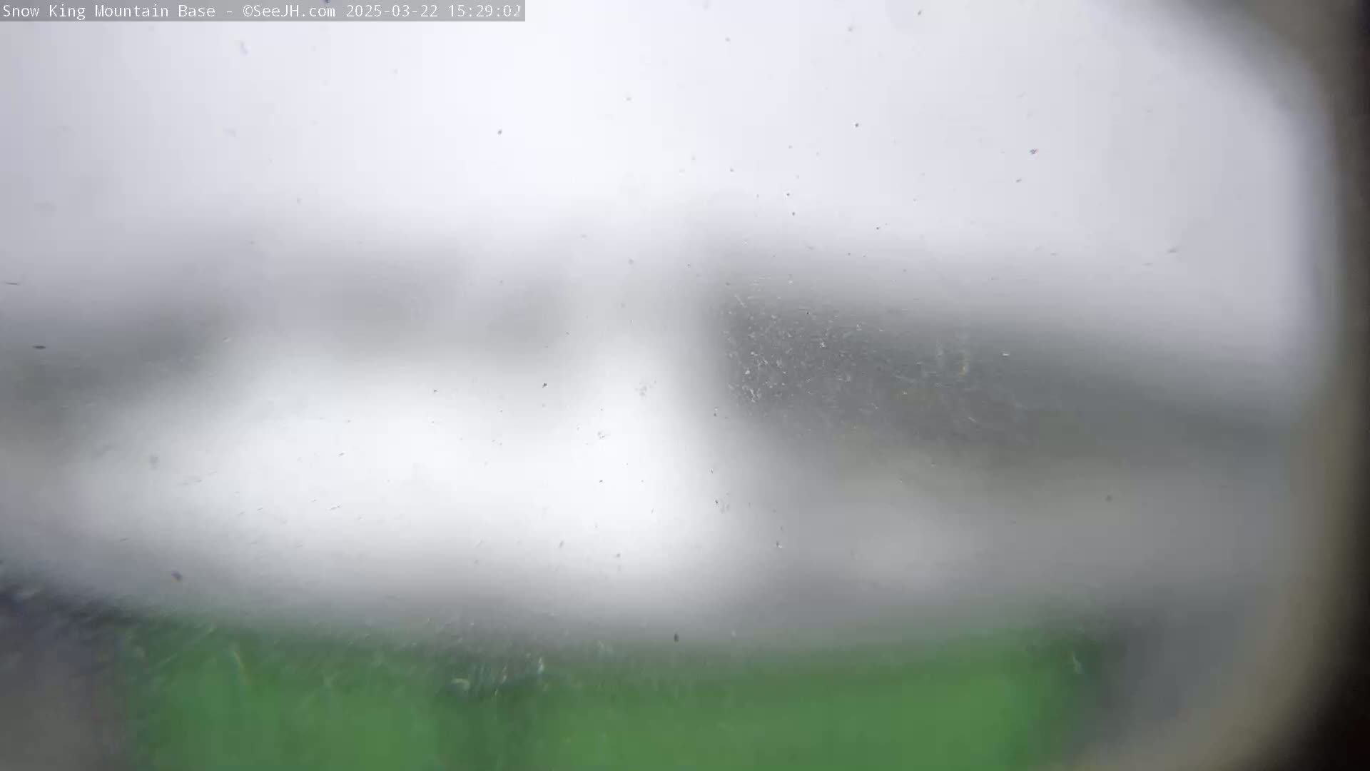 A blurry view of a snow-filled scene shows a hint of green at the bottom, possibly grass or vegetation, under a heavy, white overcast.