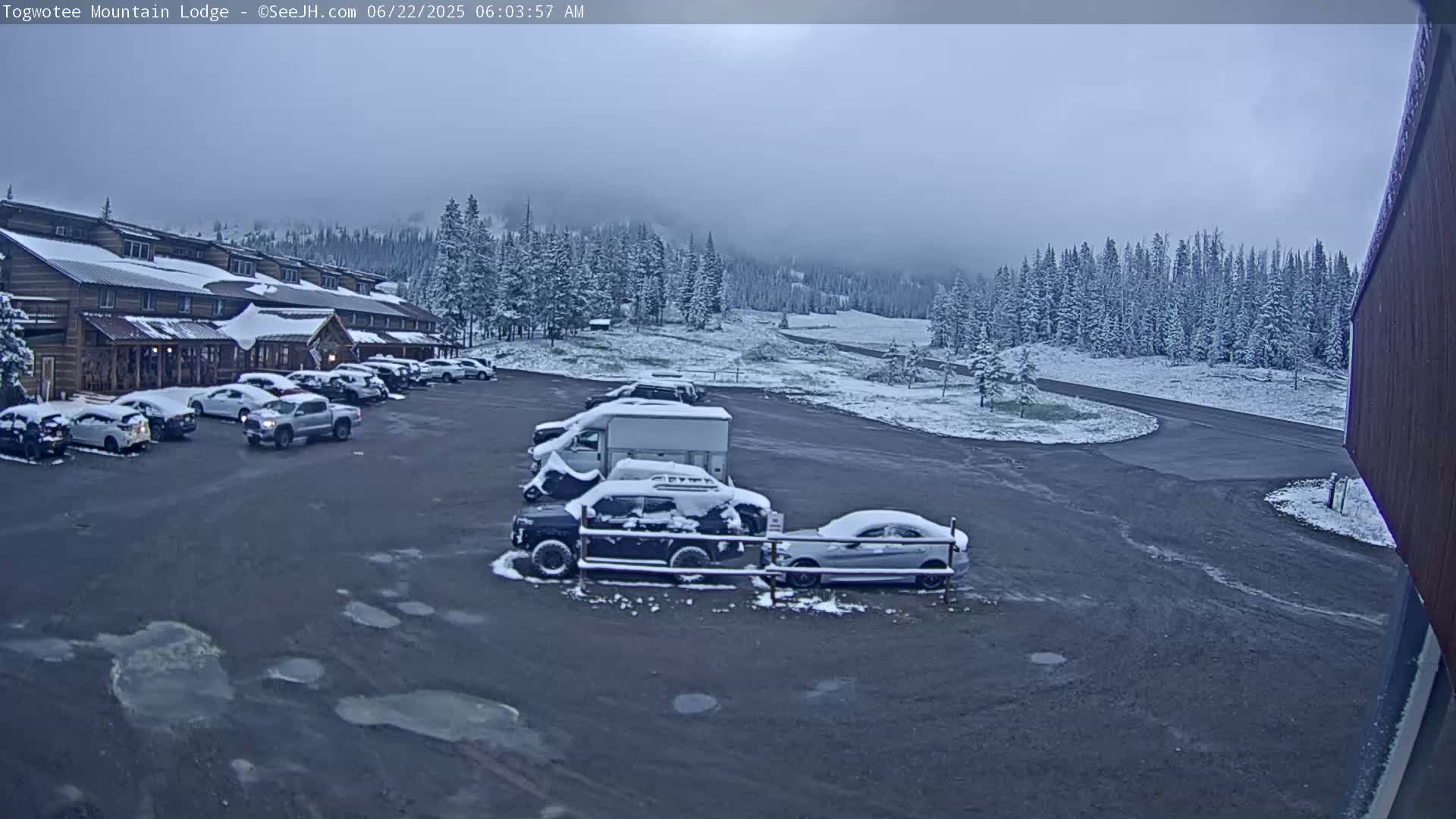 A snow-covered parking lot with several vehicles in front of a snow-dusted lodge, surrounded by snow-covered trees under an overcast sky.