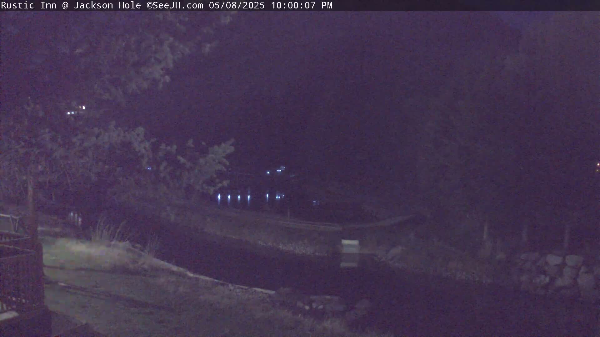 A nighttime view of a dark body of water with dimly lit areas across it, surrounded by dark trees and vegetation.