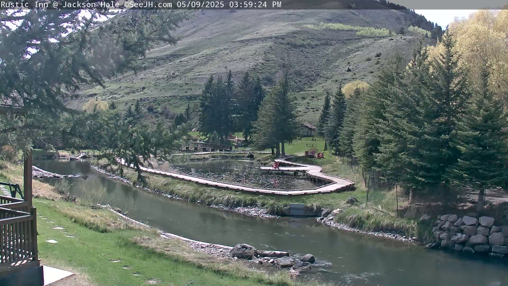 A river flows through a valley of evergreens under a partly sunny sky, alongside a boardwalk encircling a pond.