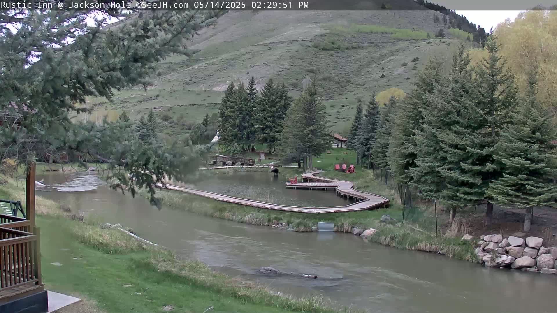 A river flows past a small pond with wooden walkways, surrounded by evergreens and a hillside under a partly cloudy sky.
