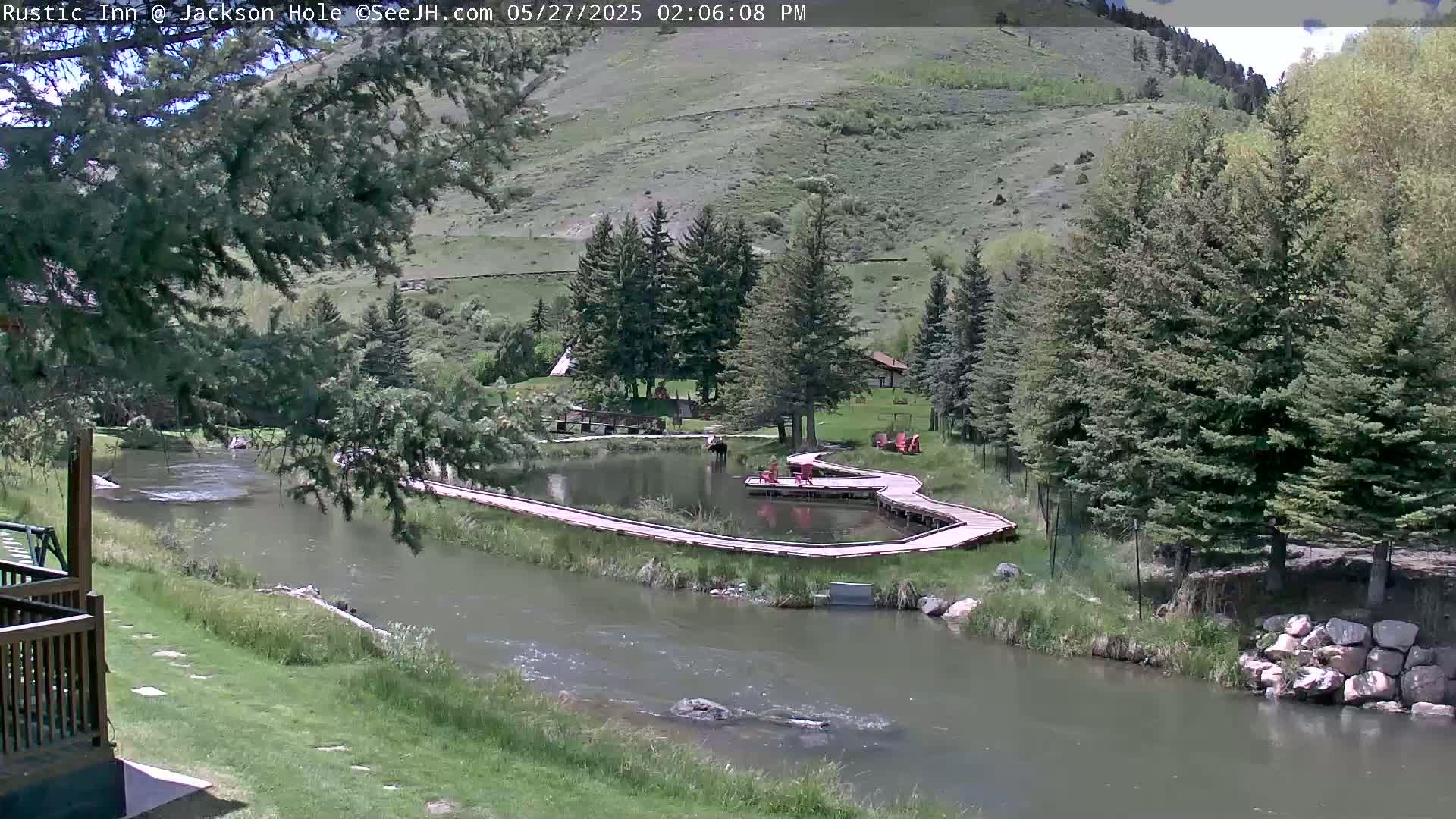 A tranquil river flows through a green valley, where a wooden boardwalk winds around a small pond nestled among evergreen trees under a partly sunny sky.